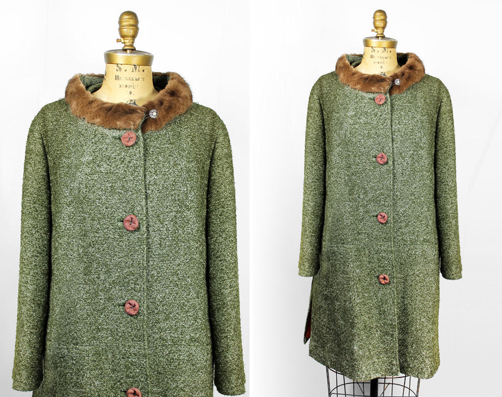 Vintage 1960's Green Tweed Coat with Fur Trim Collar - Size L / XL