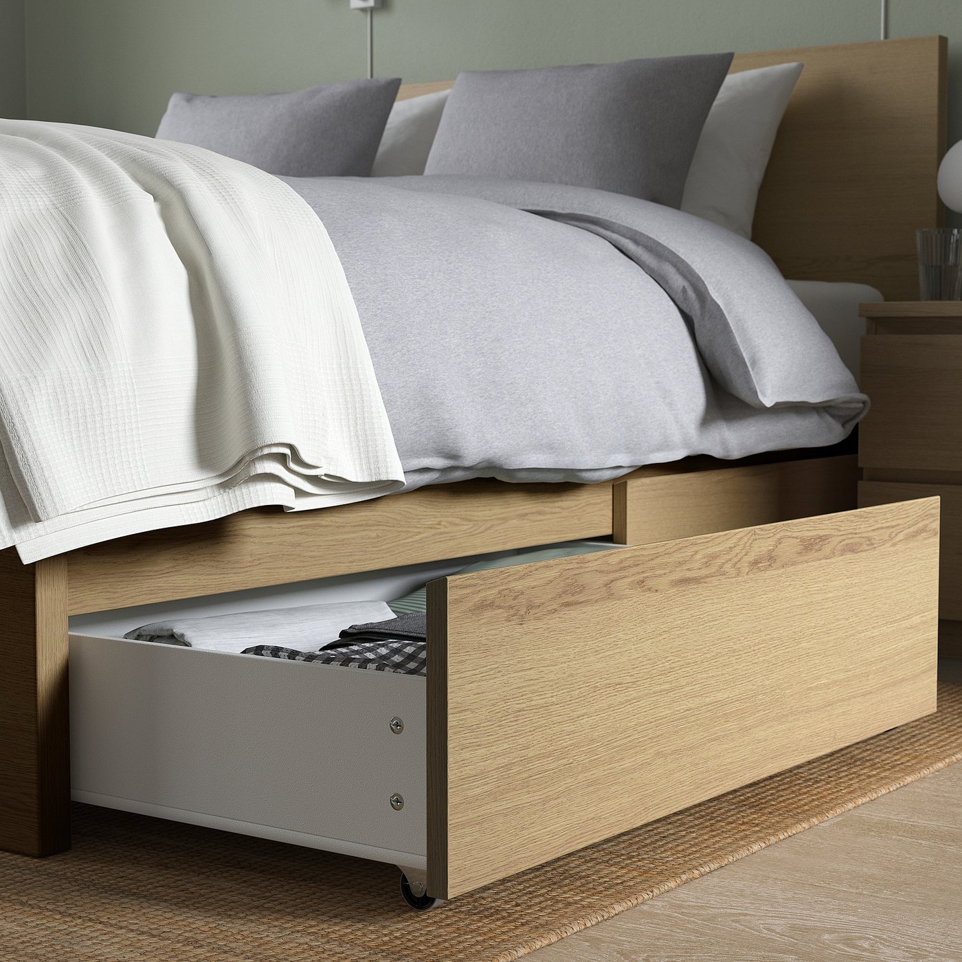 MALM マルム ベッドフレーム 収納ボックス4個付き, ホワイトステイン