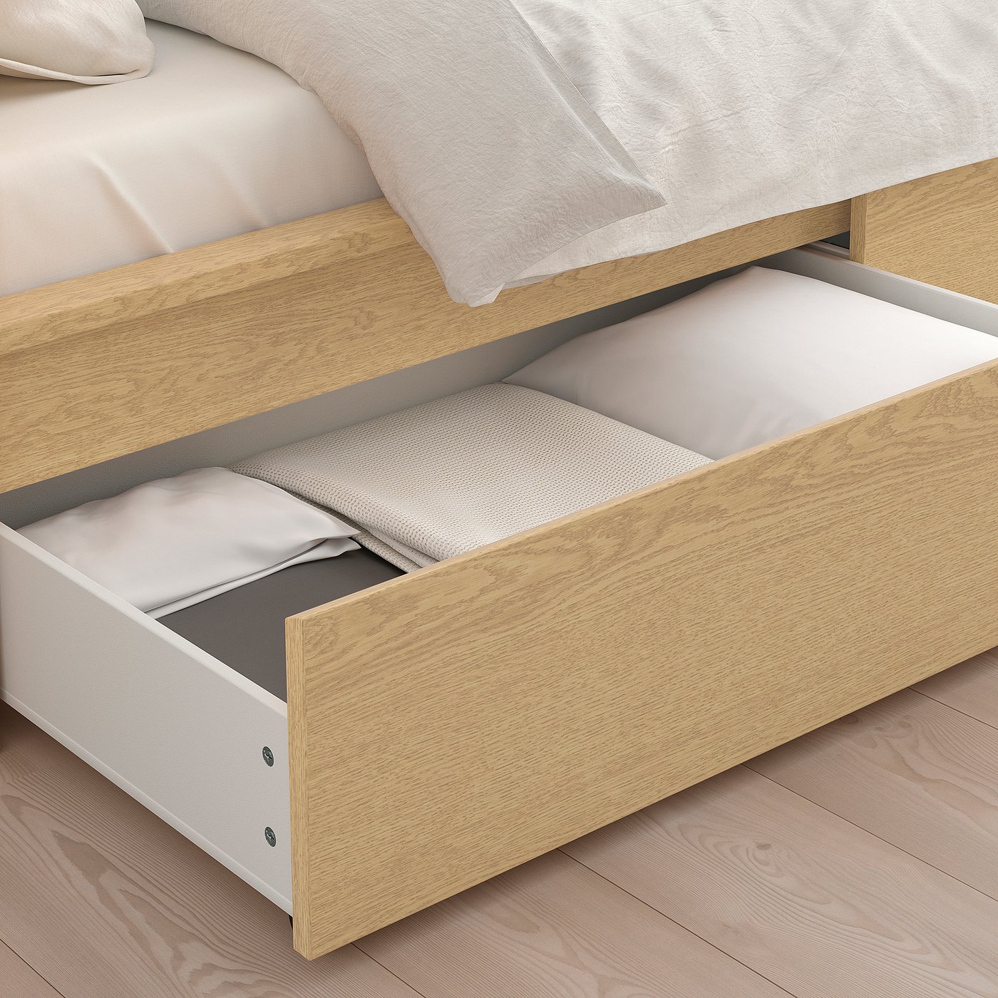 MALM マルム ベッドフレーム 収納ボックス2個付き, ホワイトステイン