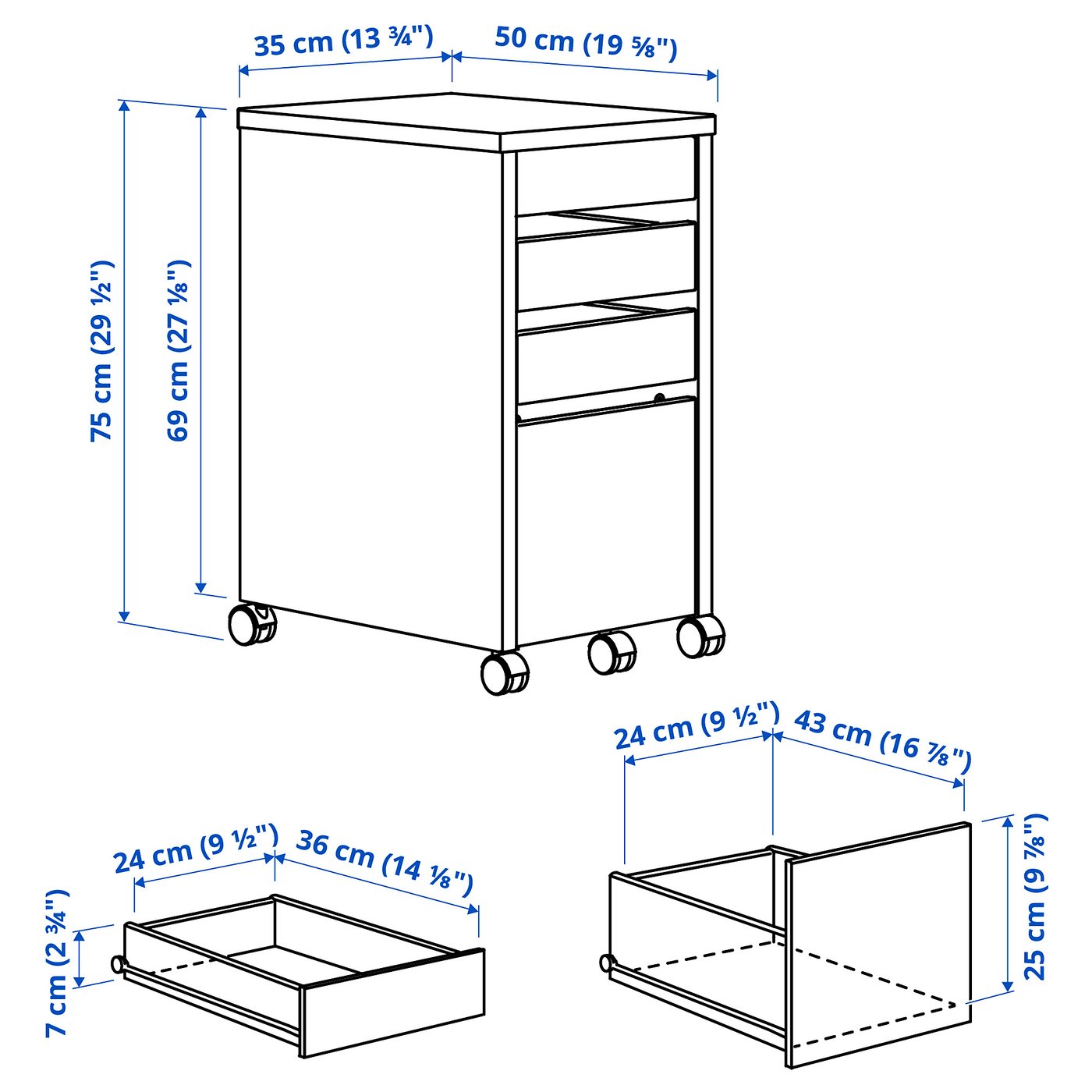 MICKE Drawer unit/drop file storage, white, 13 3/4x29 1/2