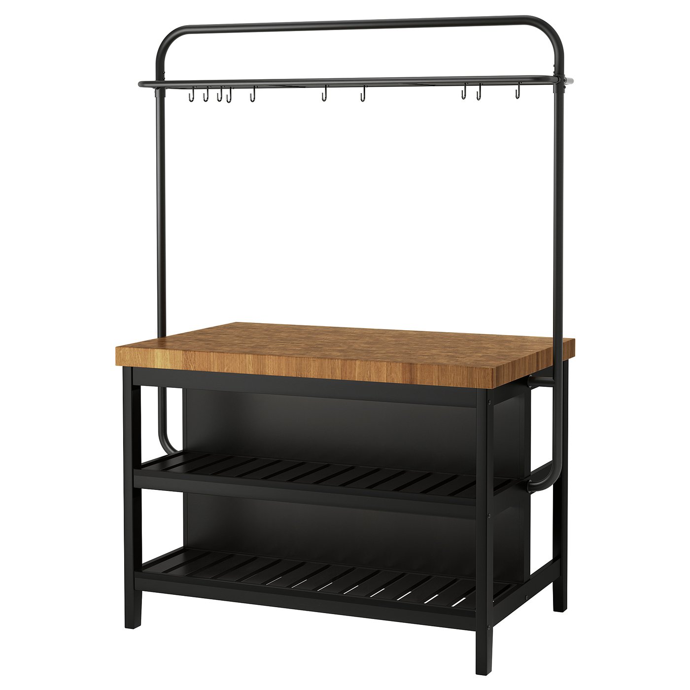 VADHOLMA kitchen island with rack, black/oak, 495/8x311/8x76