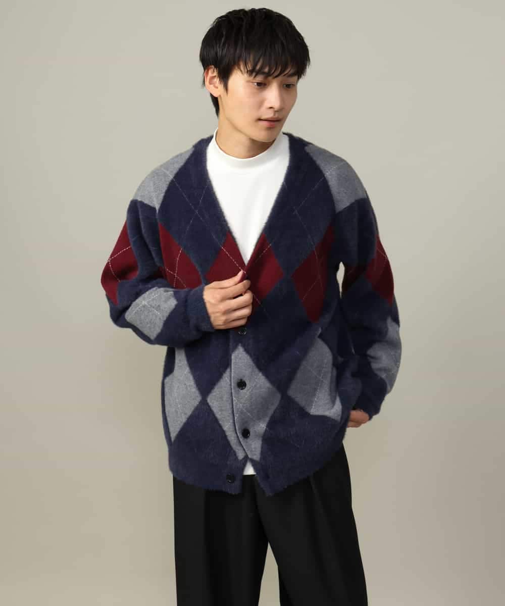 肌触りなめらか】アーガイル柄シャギーニットカーディガン(厚手
