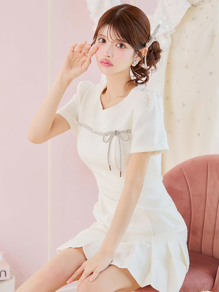 スパンコールビジューリボンプリーツミニドレス/キャバドレス【XS-XL