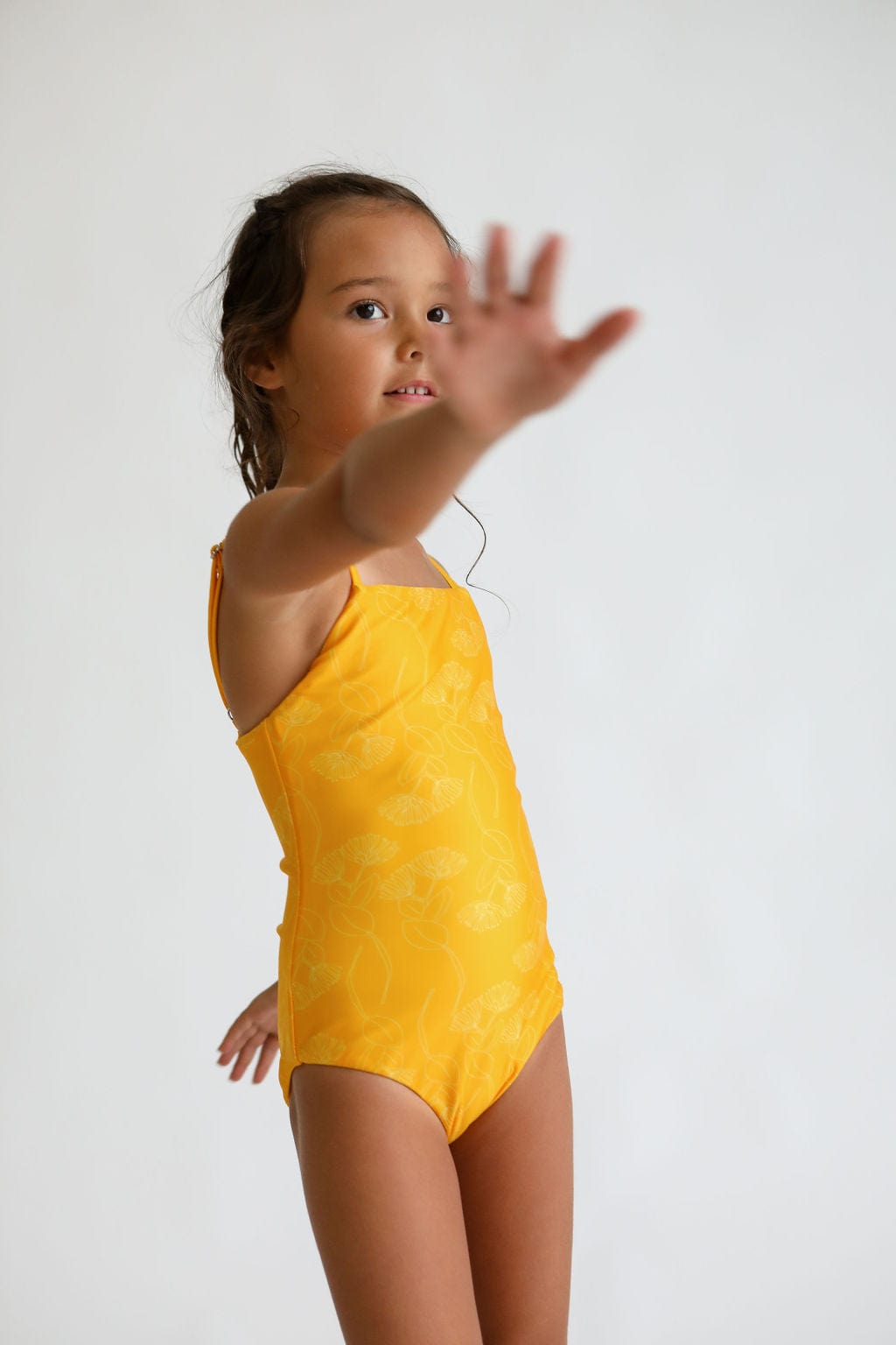 Girl's Strappy One Piece in Yellow Ohia Print - OF ONE SEA
