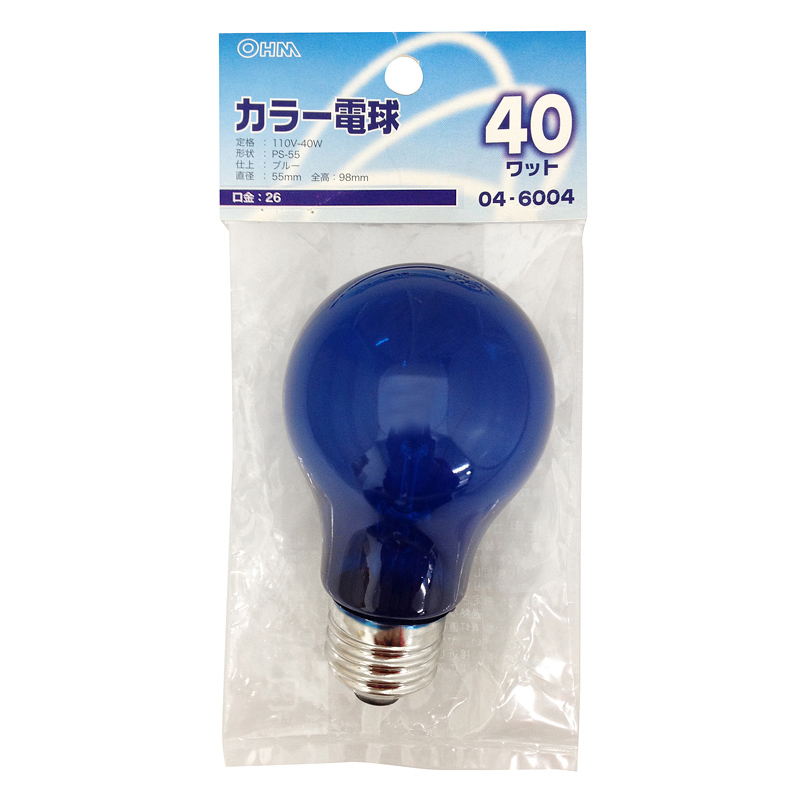 白熱カラー電球 E26 40W ブルー [品番]04-6004｜株式会社オーム電機