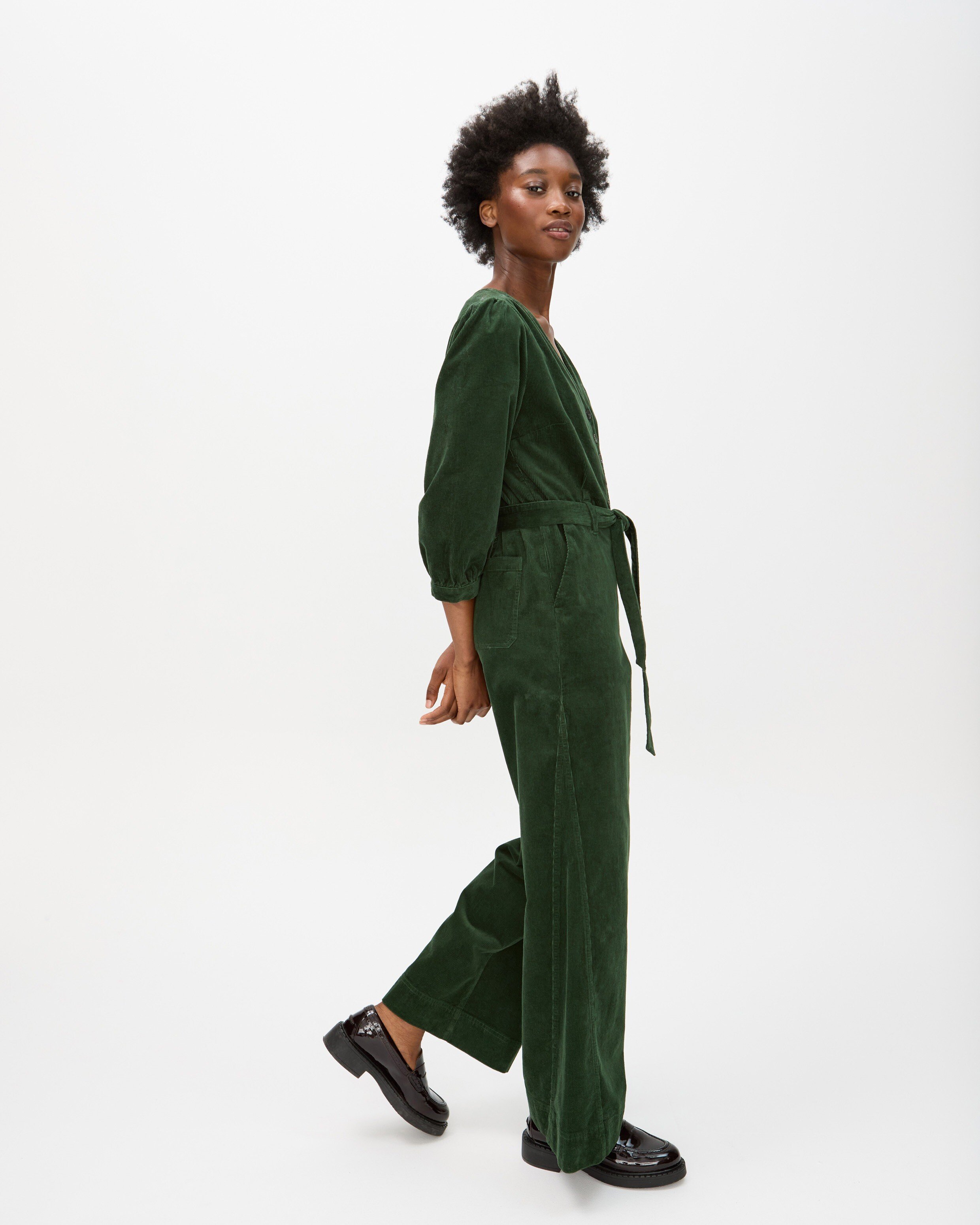 Green Corduroy V-Neck Tie Waist Jumpsuit | Oliver Bonas