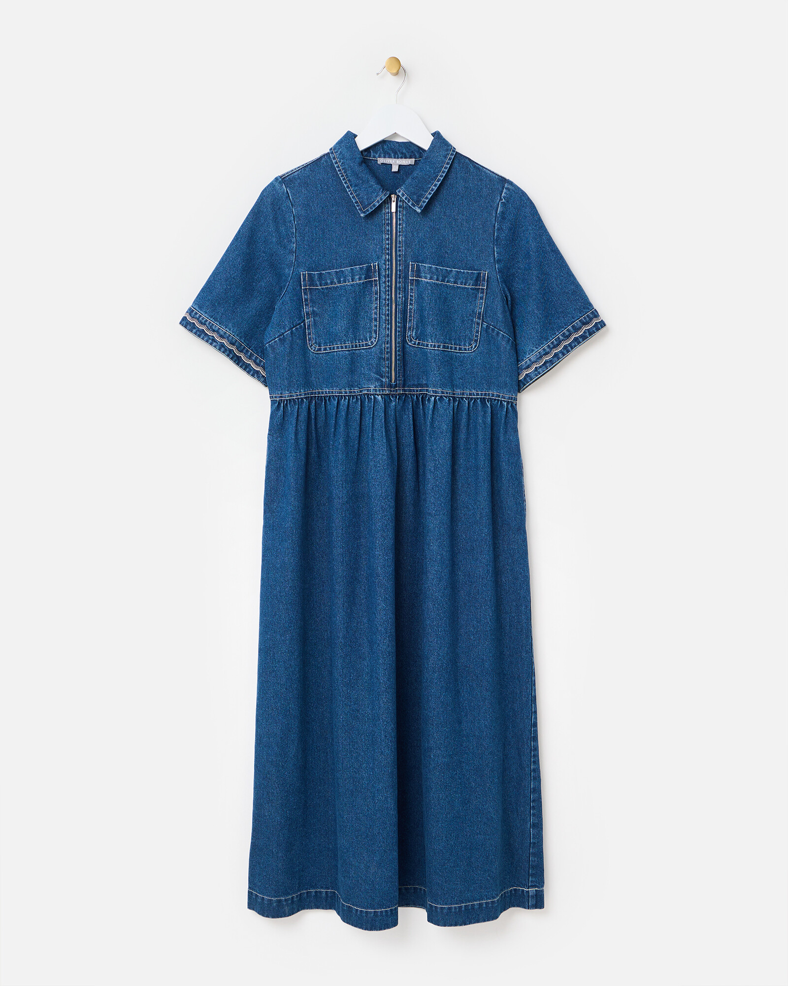 Dark Blue Denim Collared Zip Up Midi Dress | Oliver Bonas