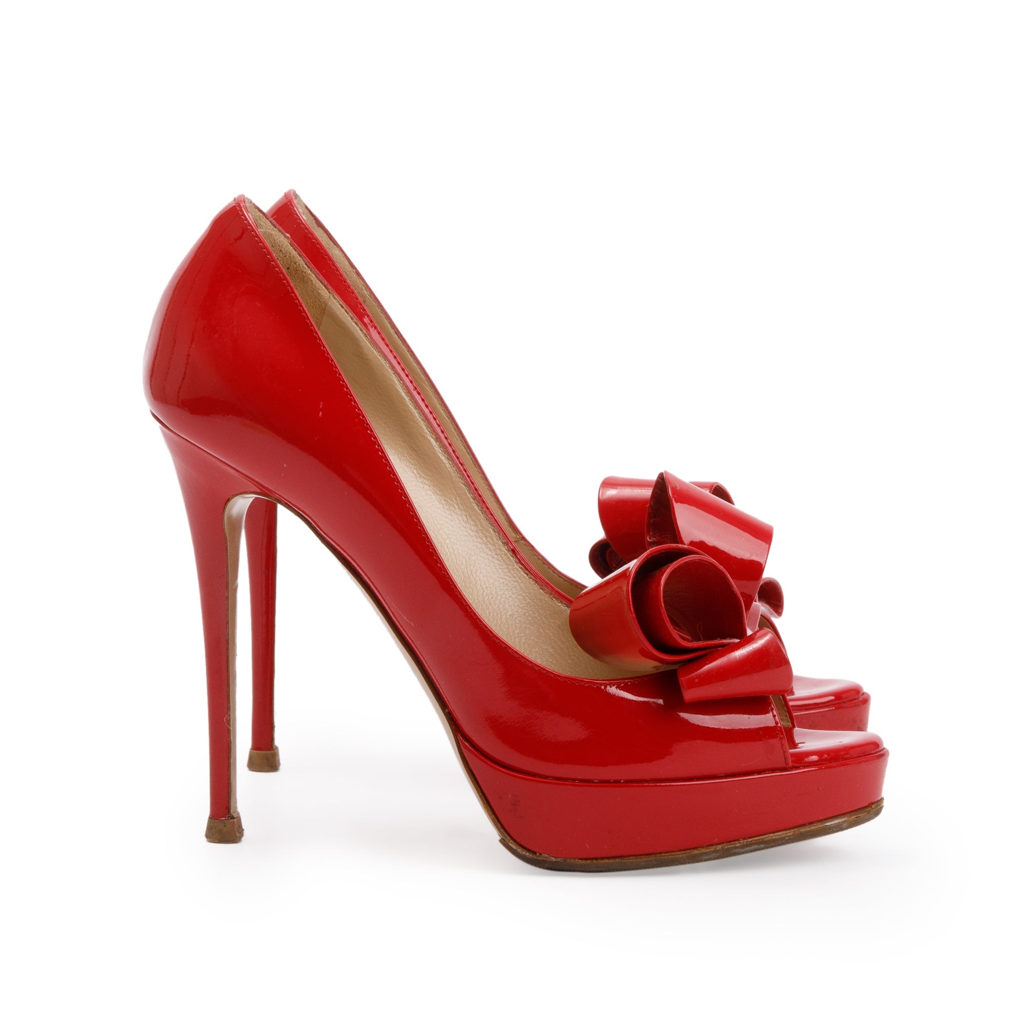 Valentino Red Patent Leather Couture Bow Peep Toe Platform Pumps