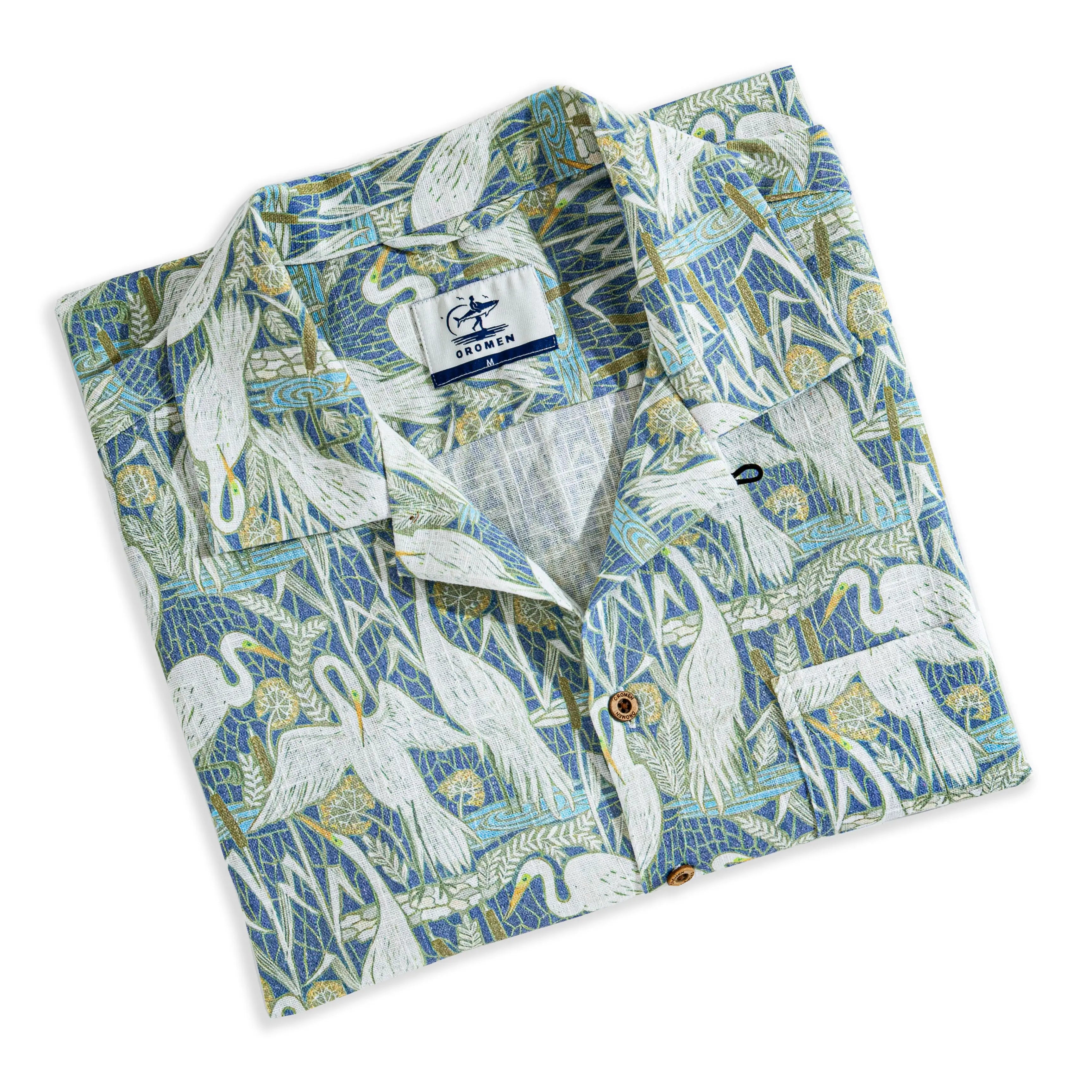 Matsuma Crane Linen Aloha Shirt | Japanese Ukiyo-e Pine Crane
