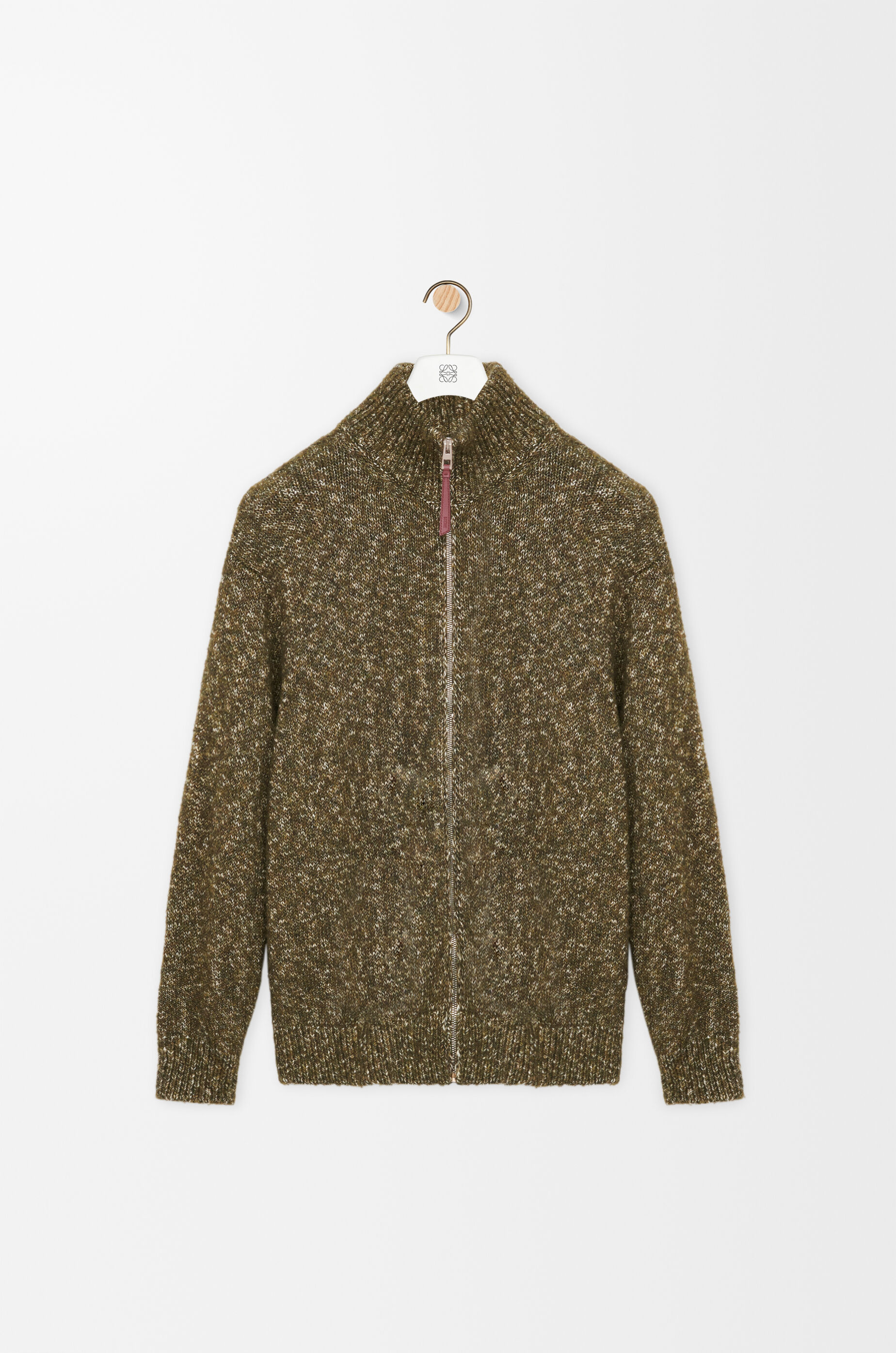Zip-up cardigan in cotton, linen and wool Green - LOEWE