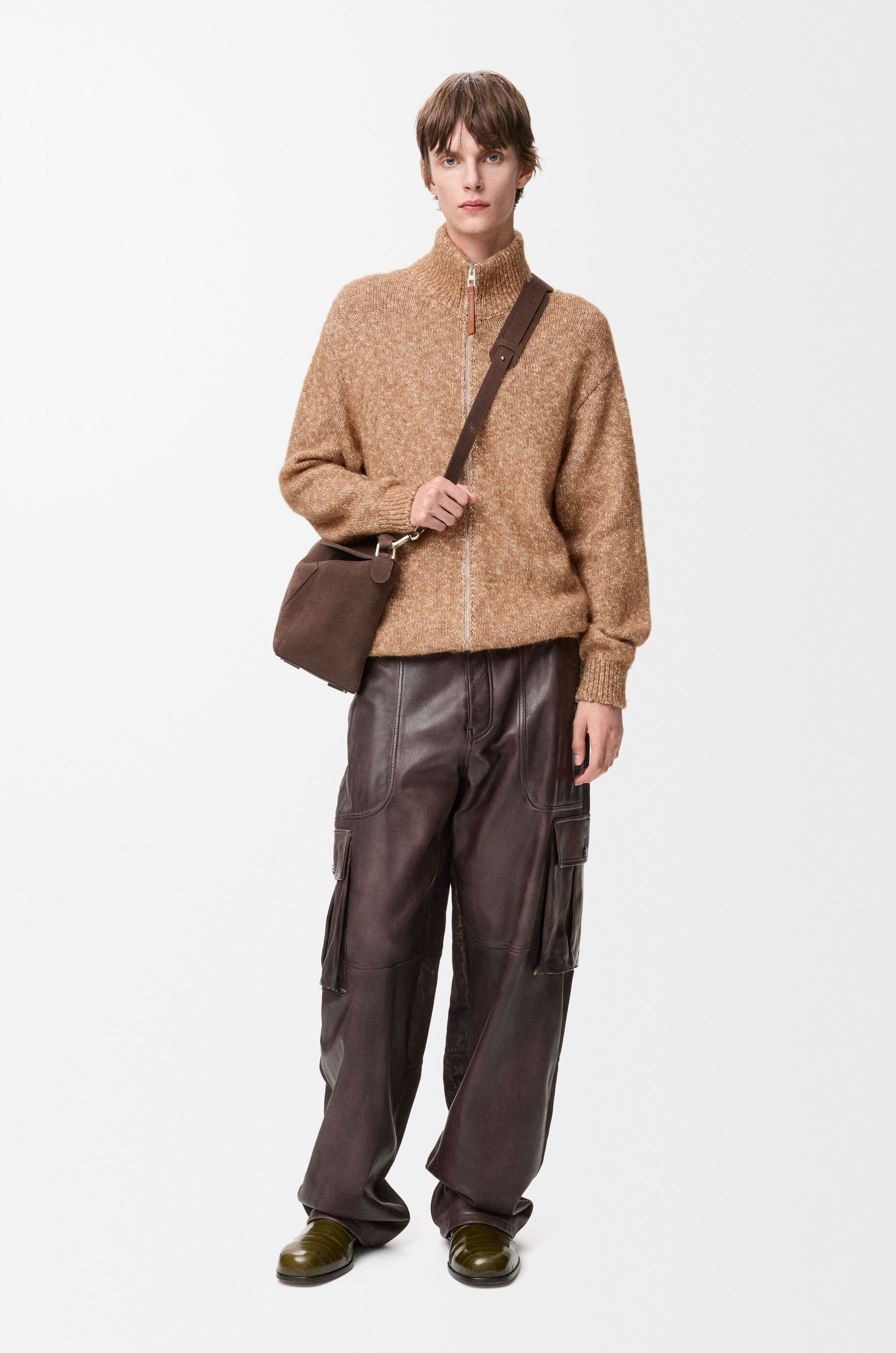 Zip-up cardigan in cotton, linen and wool Beige - LOEWE USA
