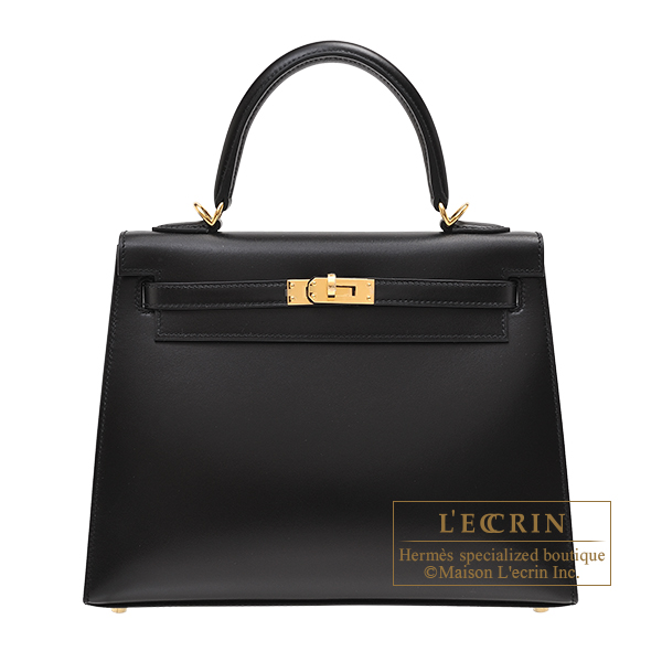 エルメス ケリー25/外縫い ブラック ボックスカーフ ゴールド金具