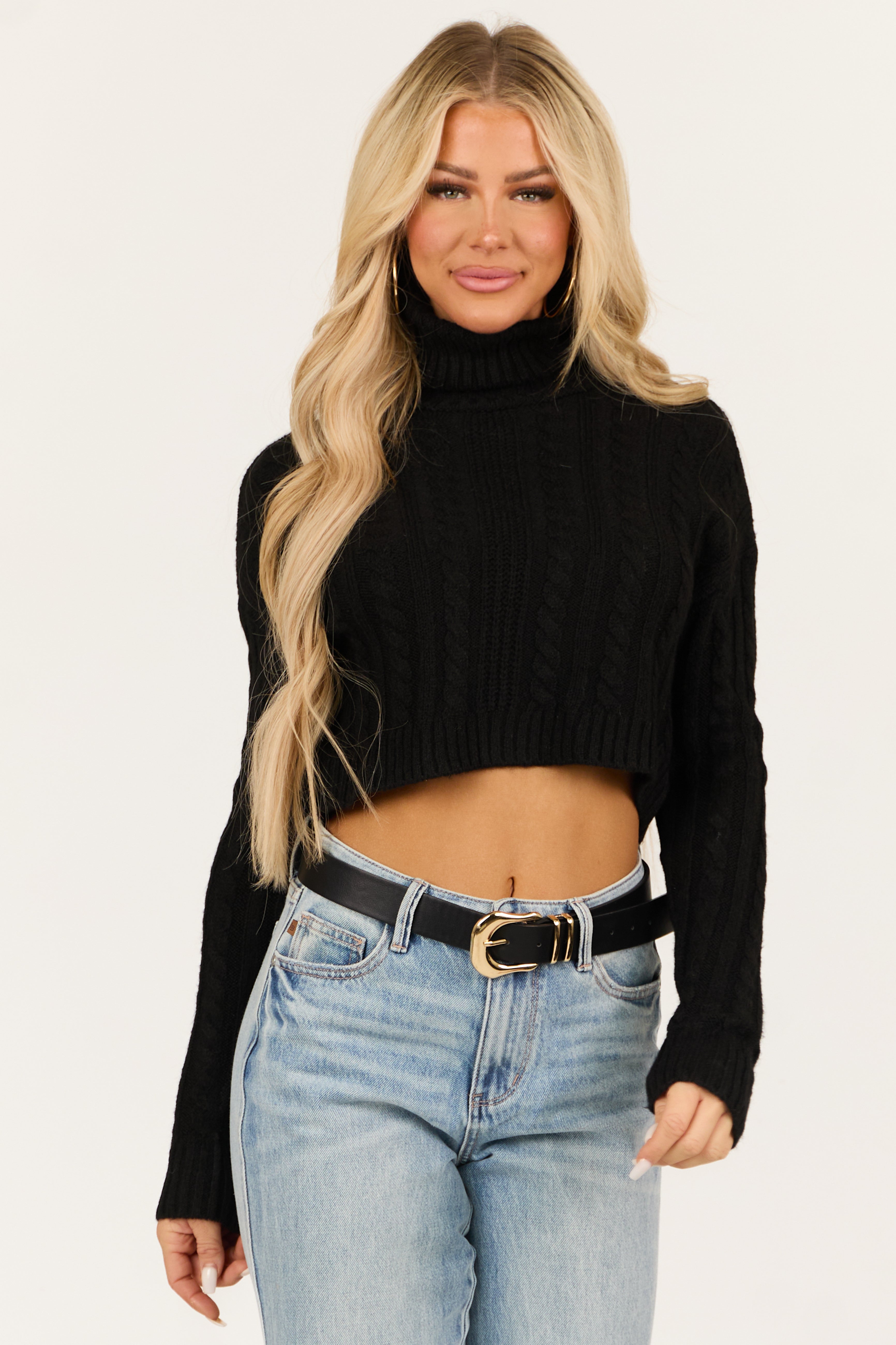 Black Cropped Cable Knit Turtleneck Sweater | Lime Lush Boutique