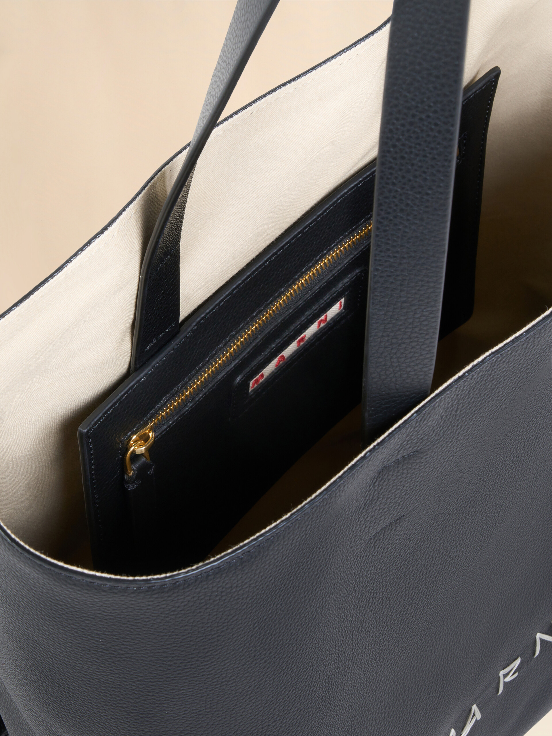 Black leather Museo Soft Tote large with Marni Symbol embroidery