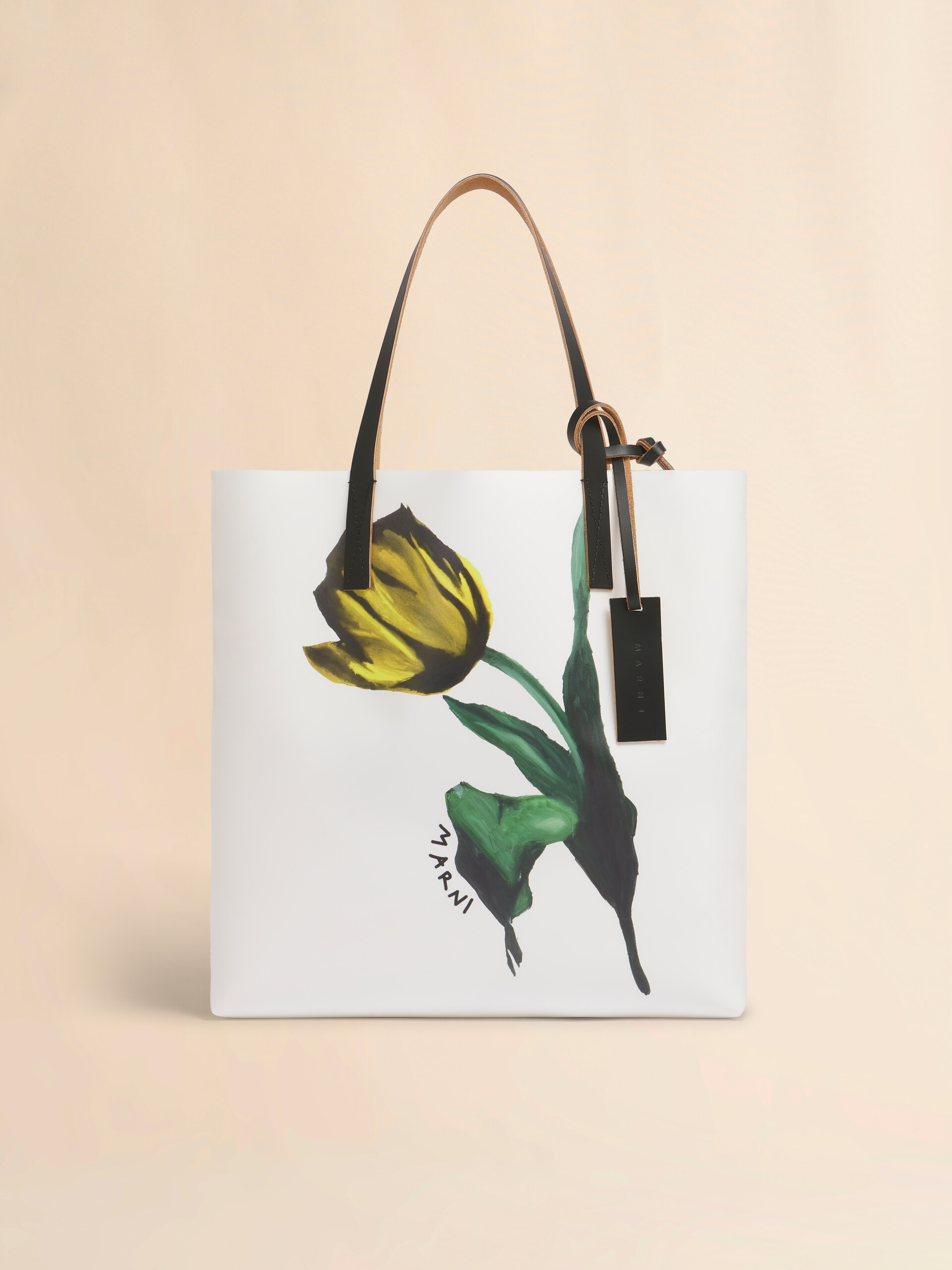 White and yellow fabric Tribeca tote with tulip print | Marni