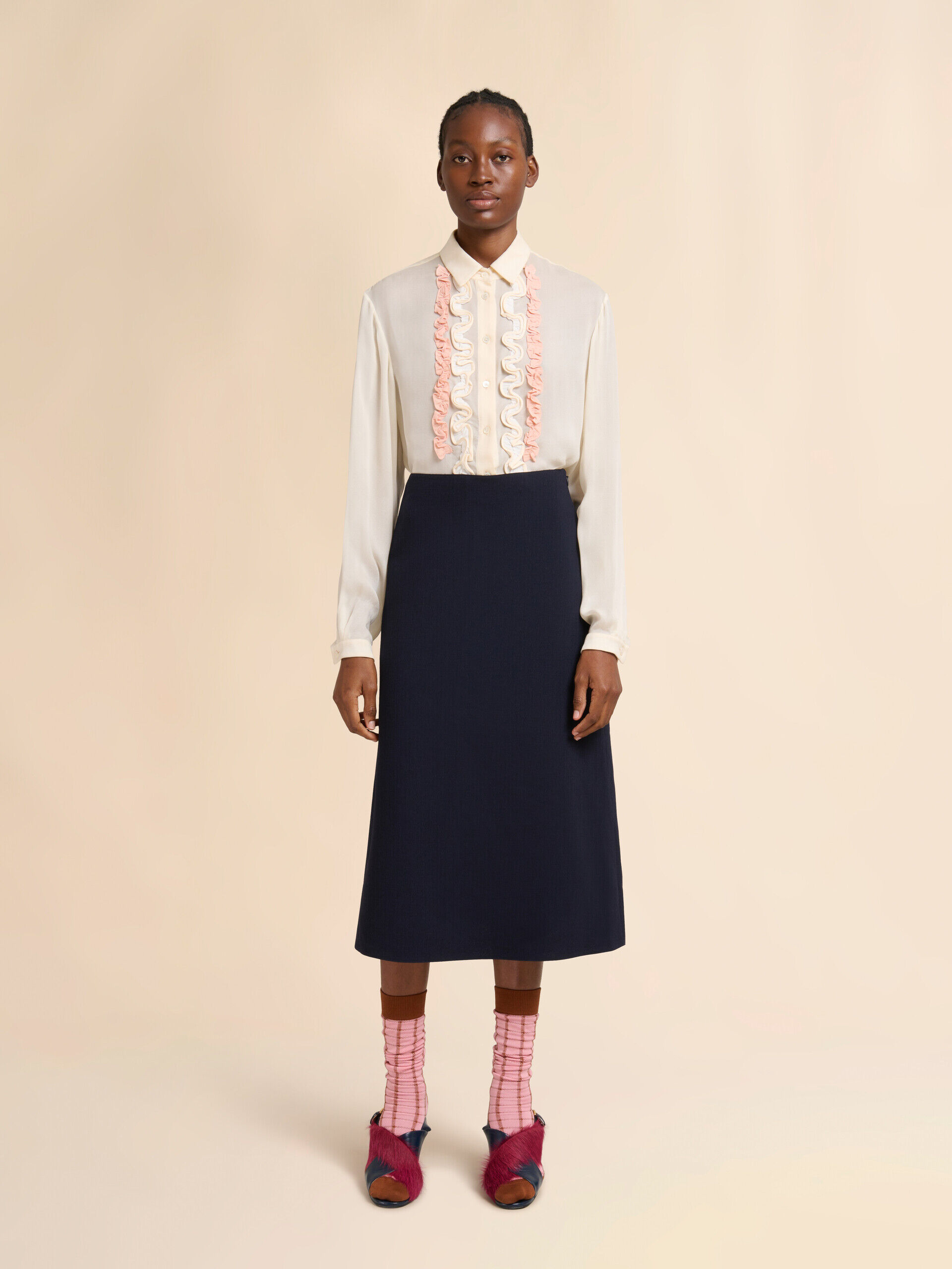 ディープブルー ウールクレープ Aラインスカート | Marni