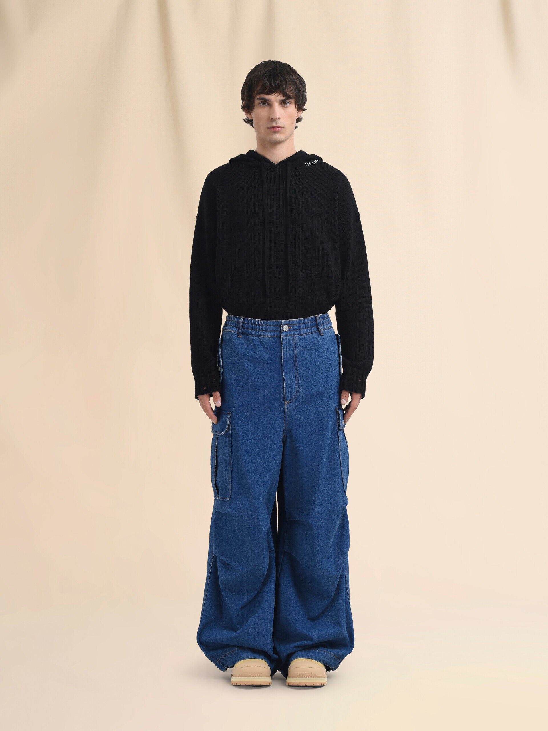 Dark blue denim cargo pants with Marni logo patch | Marni