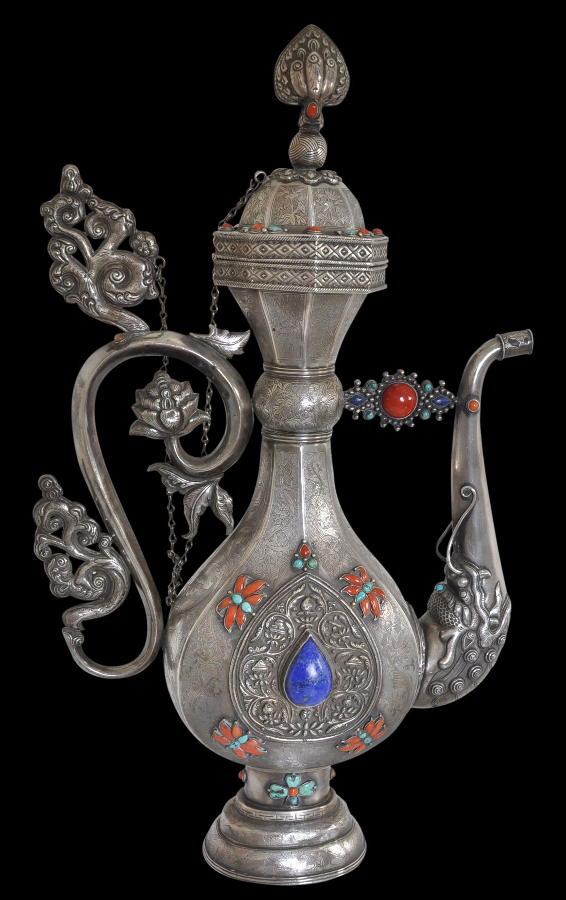 Tall Mongolian Silver Ewer inset with Coral, Turquoise & Lapis