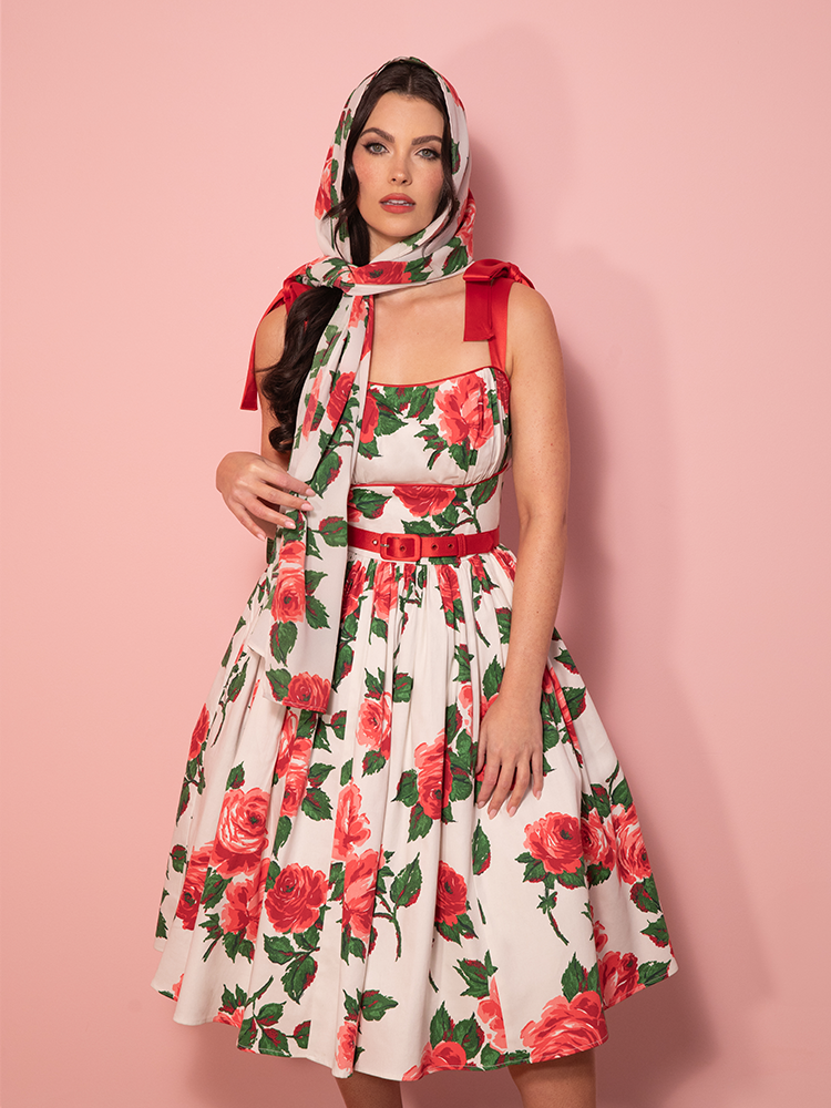 1950s Swing Sundress and Scarf in Red Vintage Roses - Vixen by
