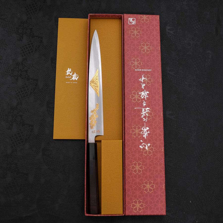 柳刃 白紙2号 霞 彫金 桜富士 黒檀水牛柄 240mm – MUSASHI