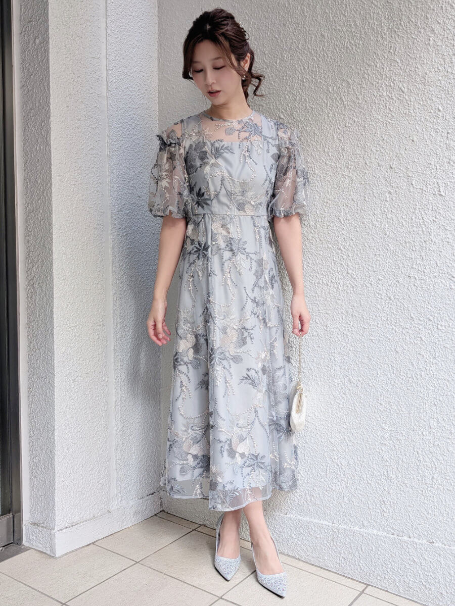 my closet / パフスリーブエンブロイダリードレスMBL