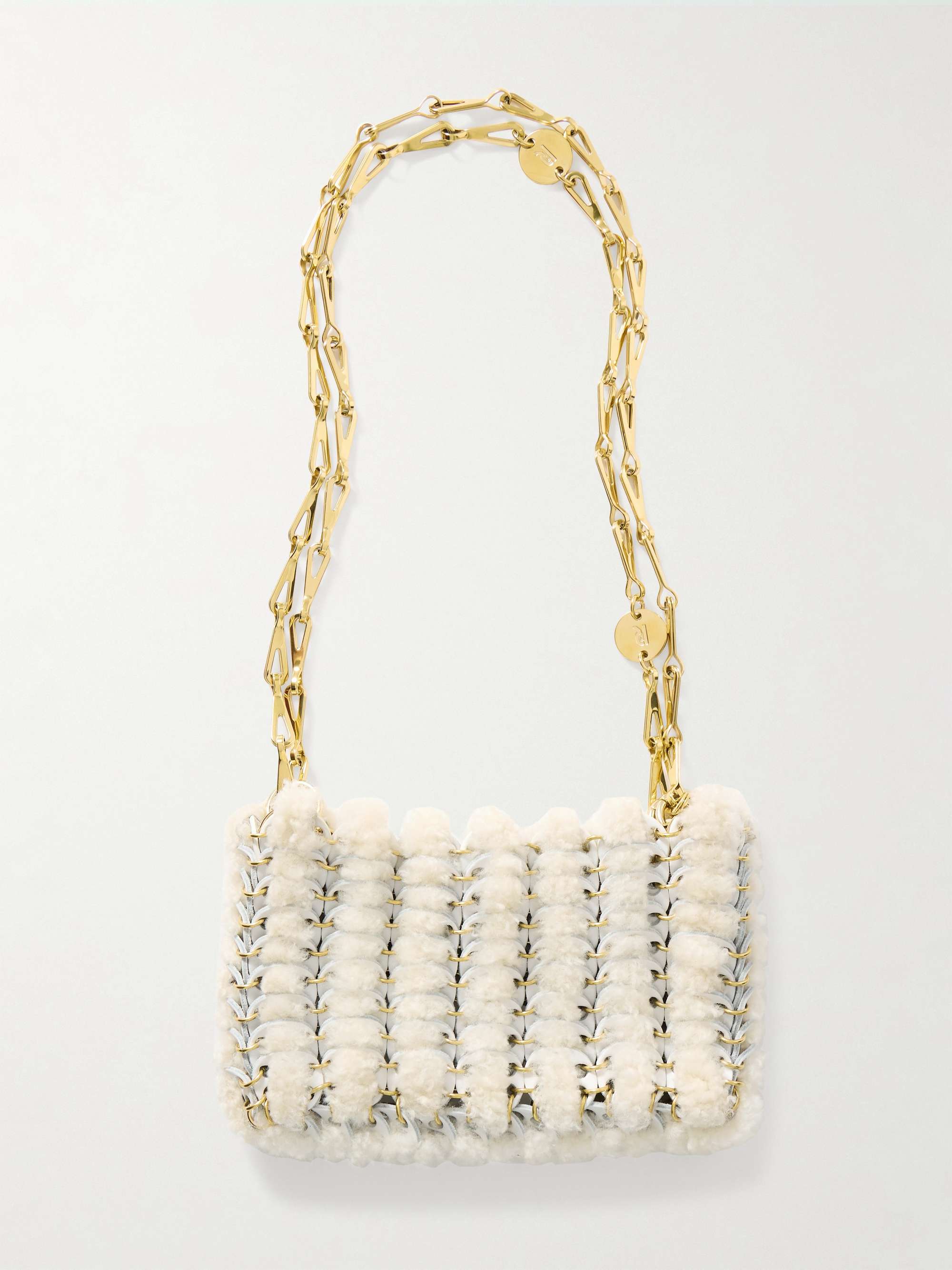 RABANNE 1969 Nano embellished leather and shearling shoulder bag
