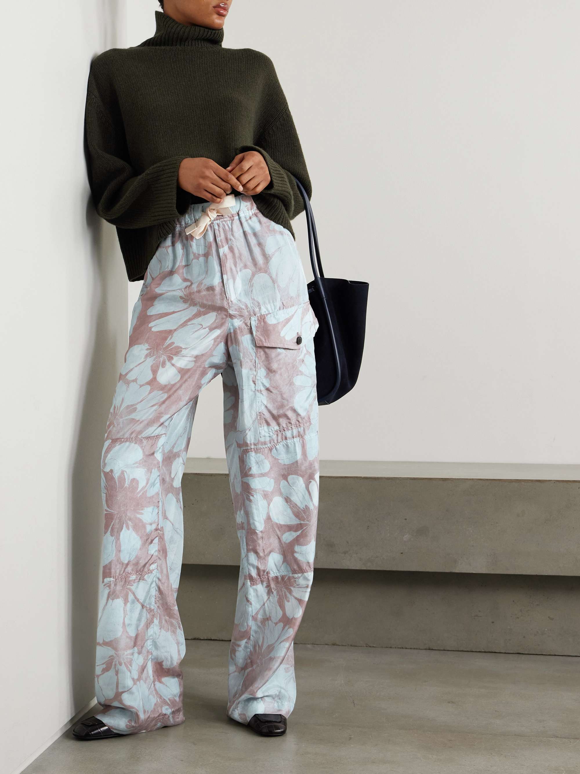 DRIES VAN NOTEN Grosgrain-trimmed floral-print silk-voile wide-leg
