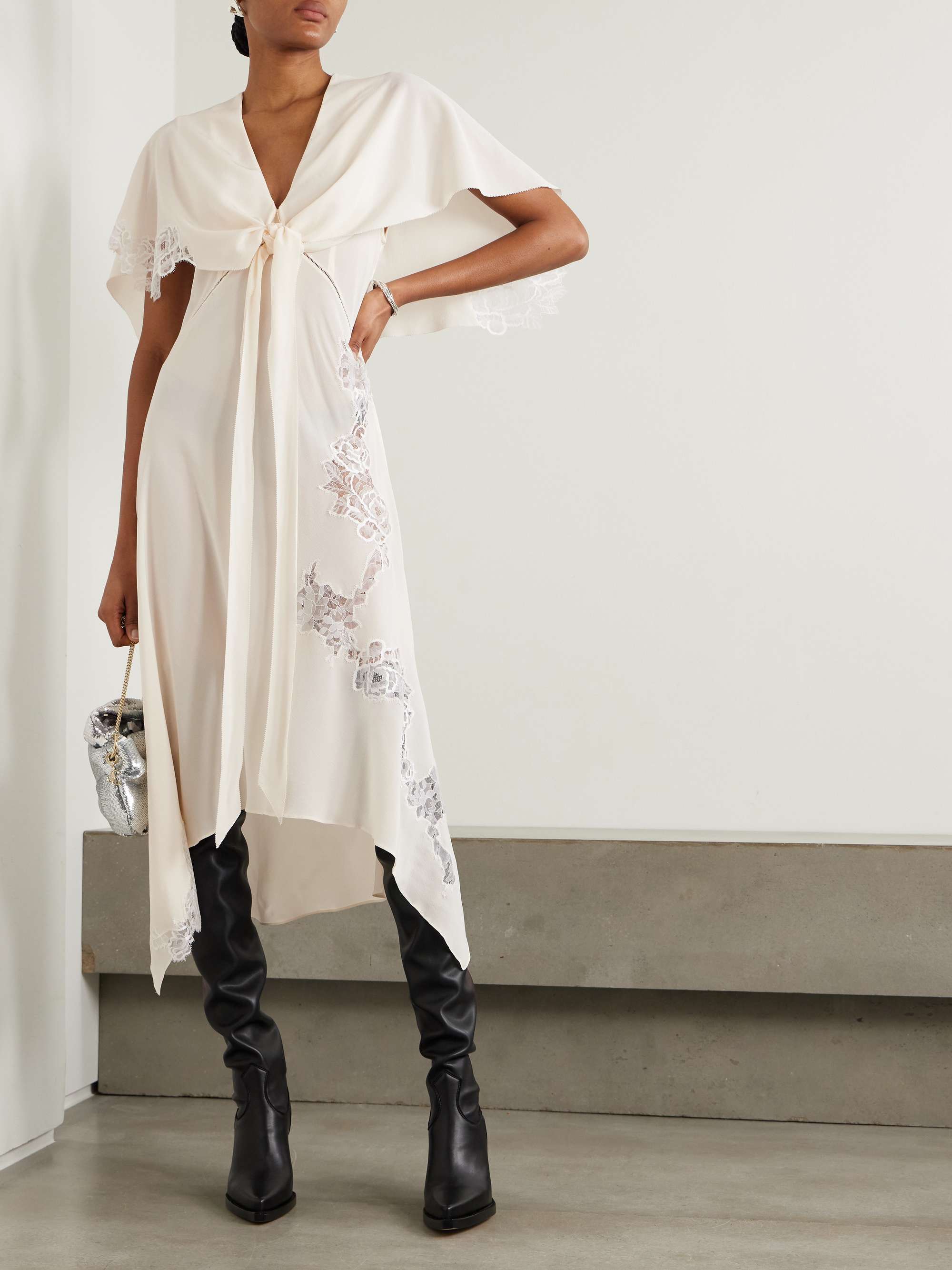 STELLA MCCARTNEY Layered lace-trimmed silk crepe de chine midi