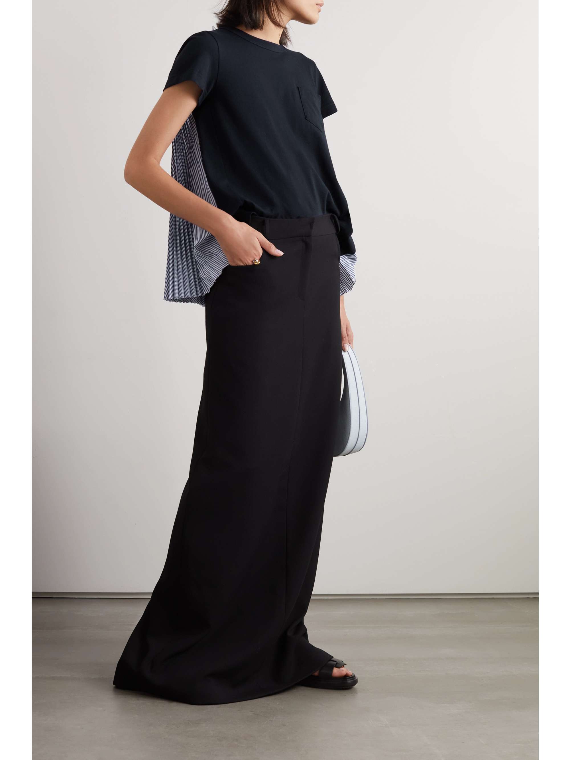 SACAI Pleated paneled cotton-jersey and striped poplin T-shirt