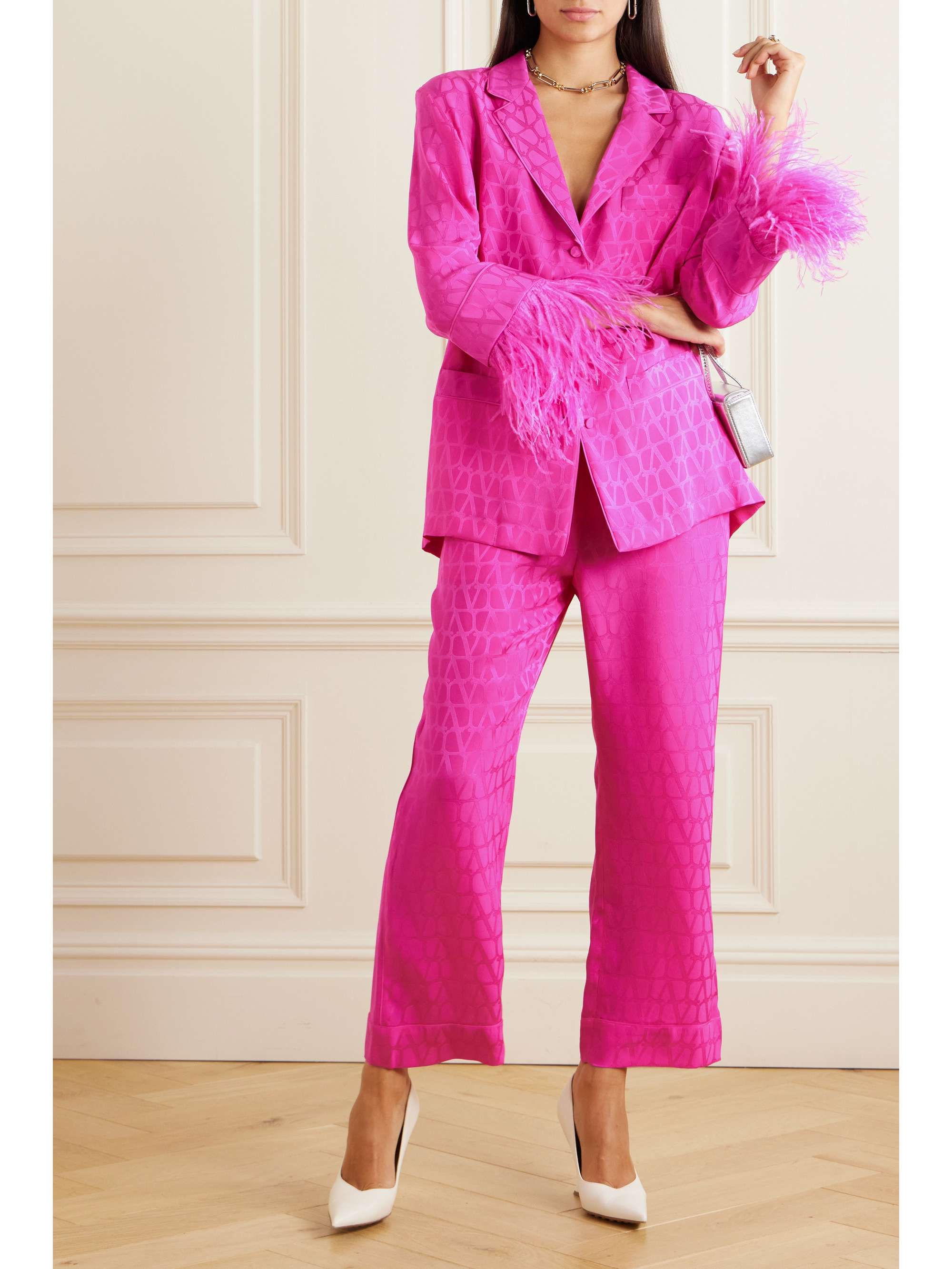 VALENTINO GARAVANI Feather-trimmed silk-jacquard shirt | NET-A-PORTER