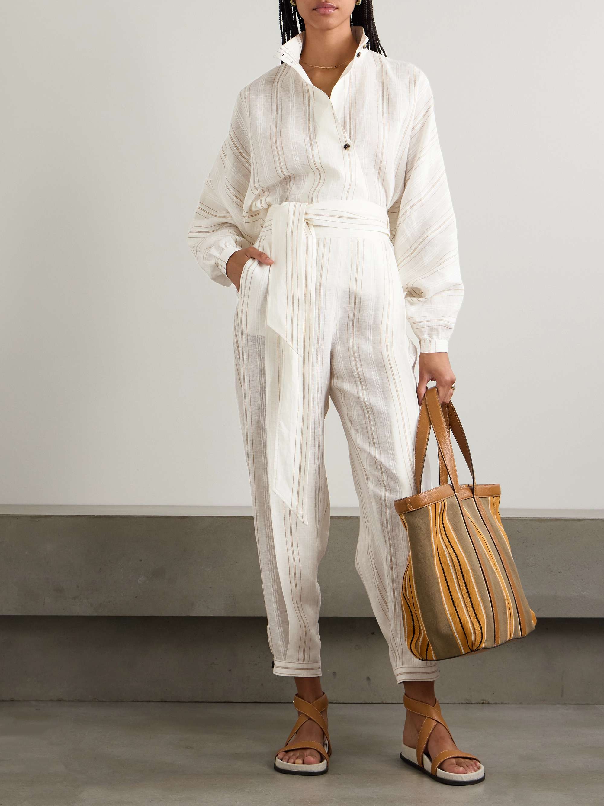 LORO PIANA Gustel belted striped linen tapered pants | NET-A-PORTER