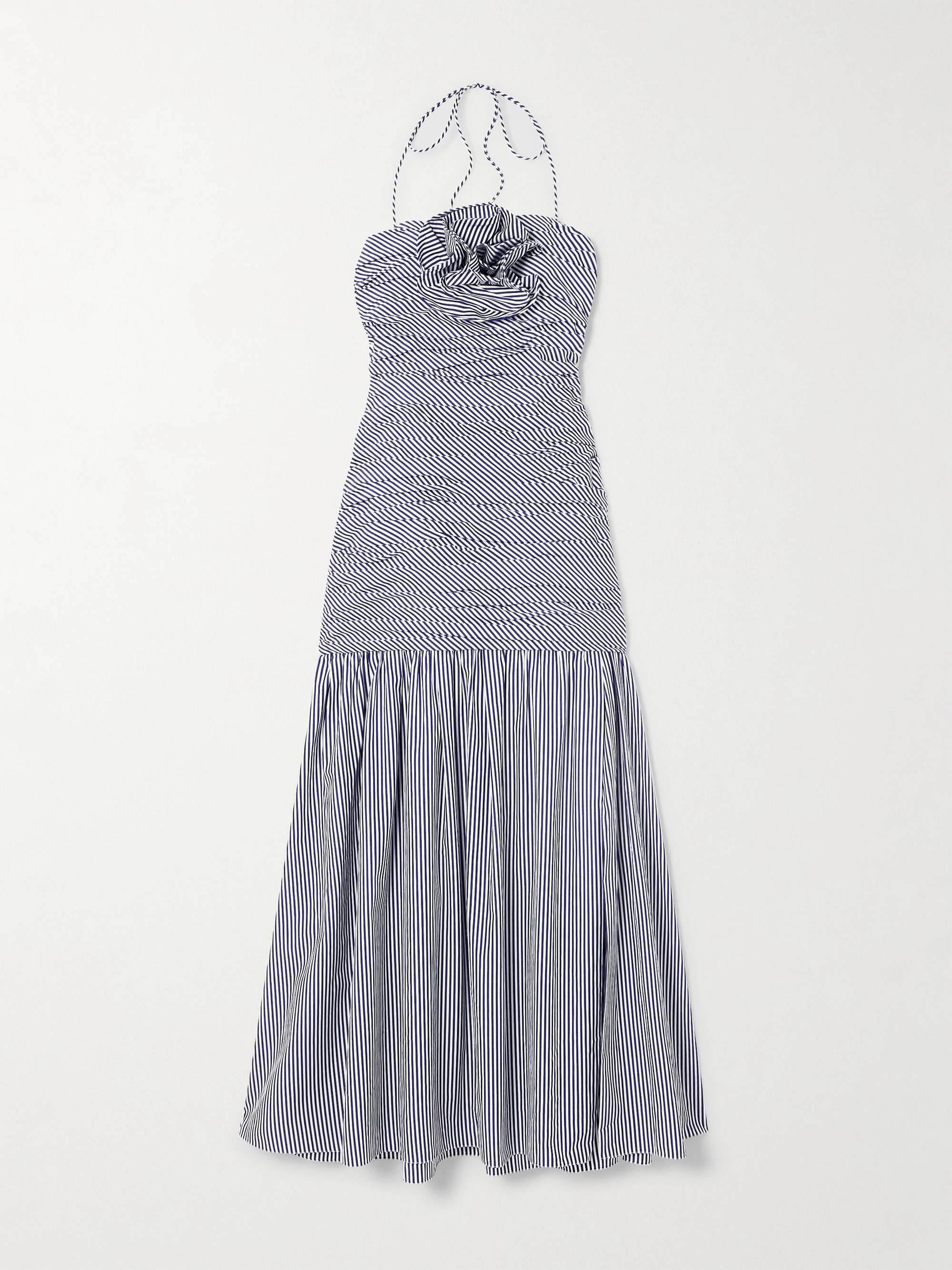 CAROLINA HERRERA Ruched appliquéd striped cotton-poplin halterneck
