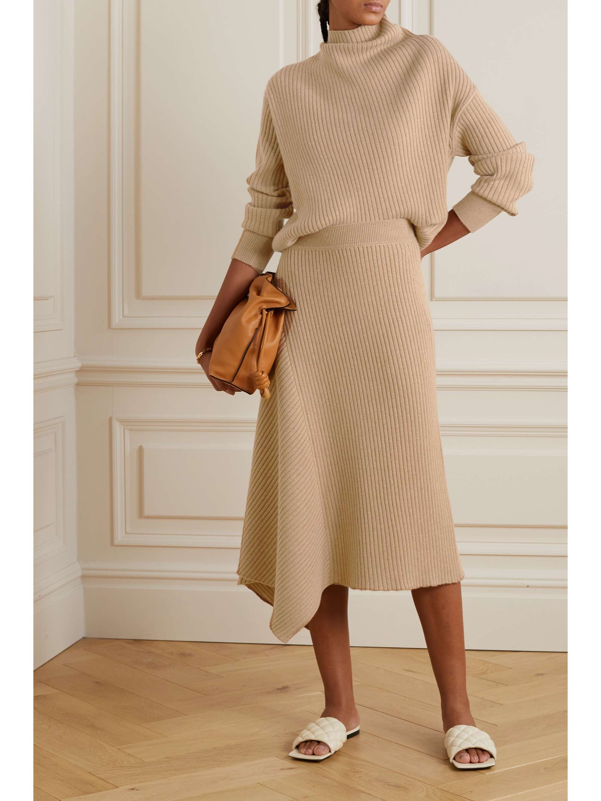 LORO PIANA Asymmetric ribbed cashmere midi skirt | NET-A-PORTER
