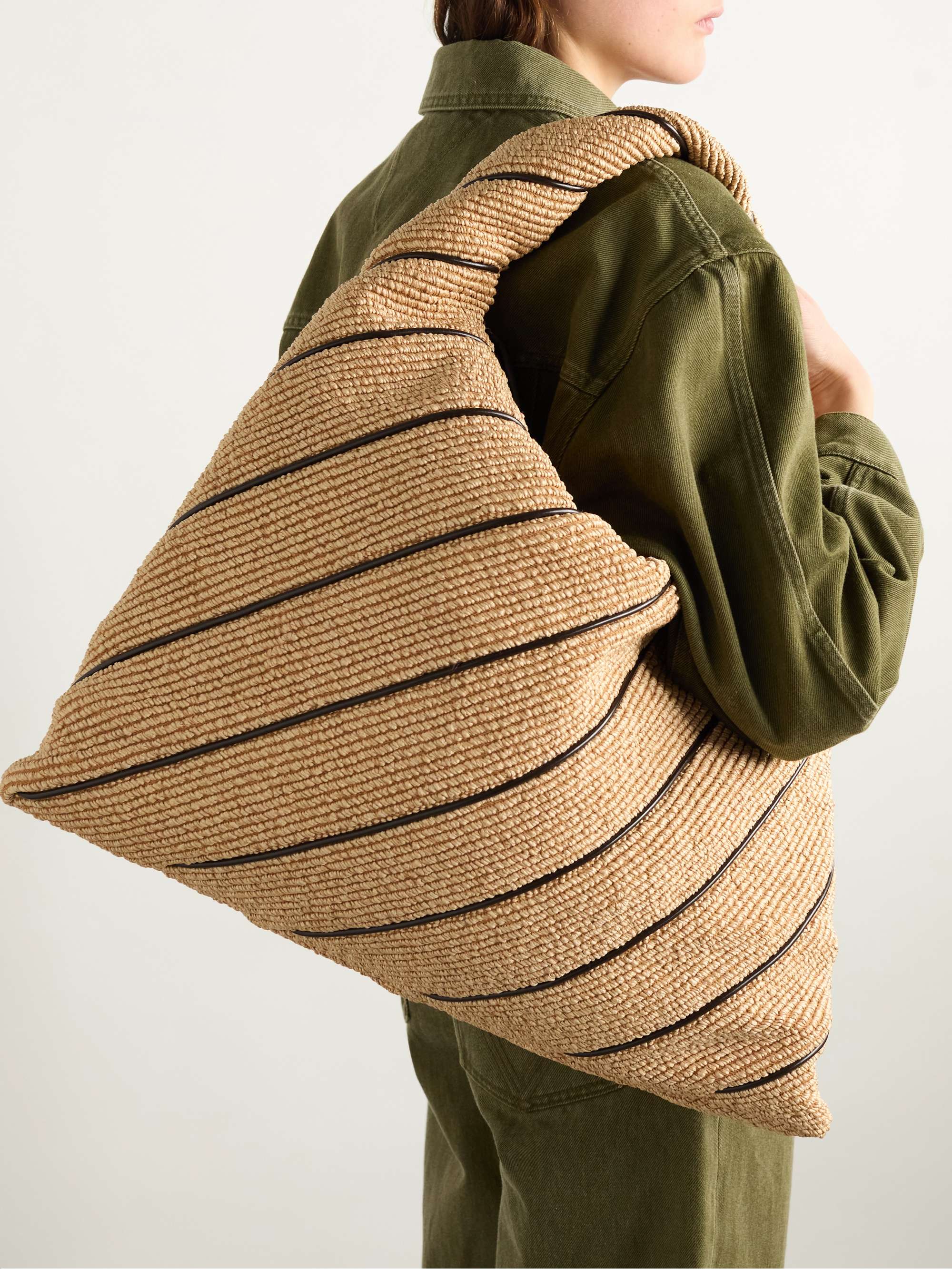BOTTEGA VENETA Hop large striped leather-trimmed raffia shoulder