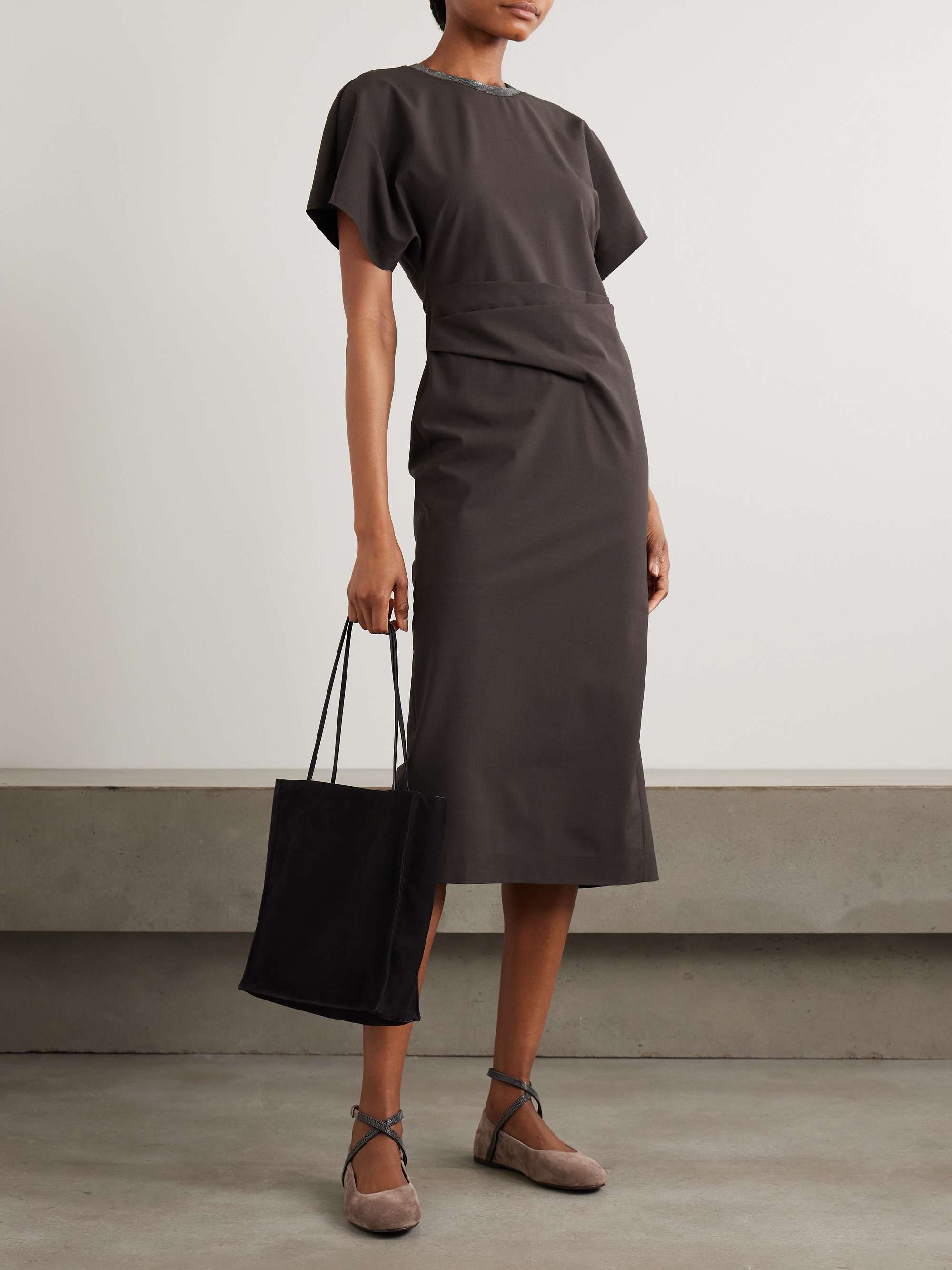 BRUNELLO CUCINELLI Embellished draped virgin wool-blend midi dress