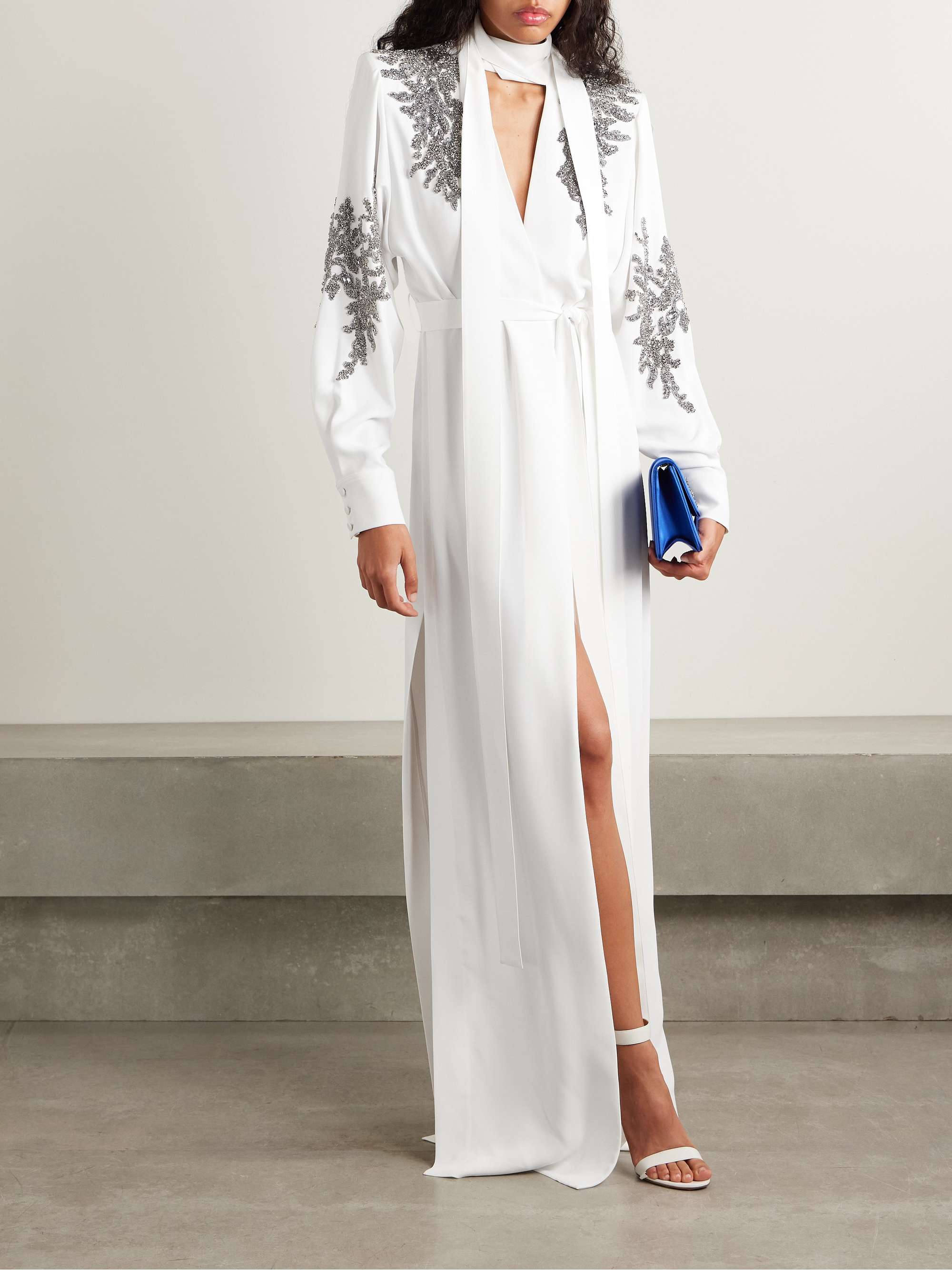ZUHAIR MURAD Belted tie-neck embellished crepe gown | NET-A-PORTER
