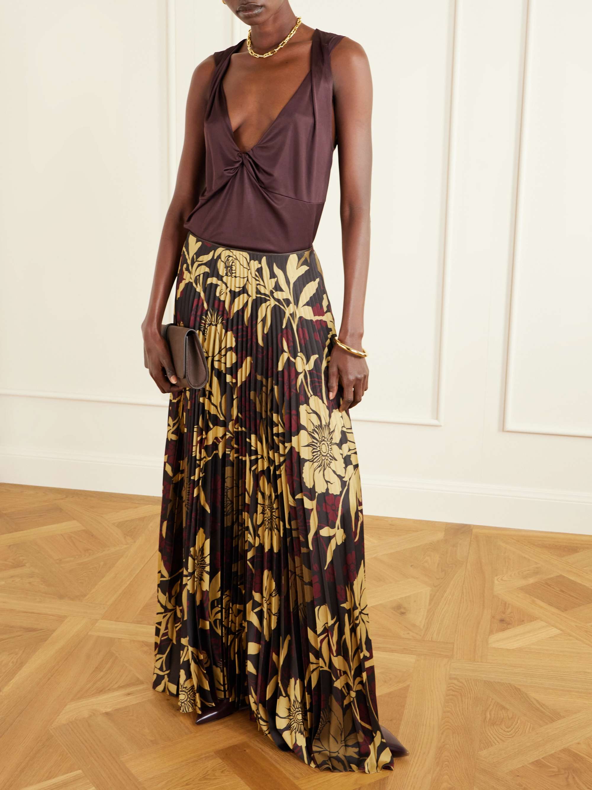 DRIES VAN NOTEN Velvet-trimmed gathered printed crepe de chine
