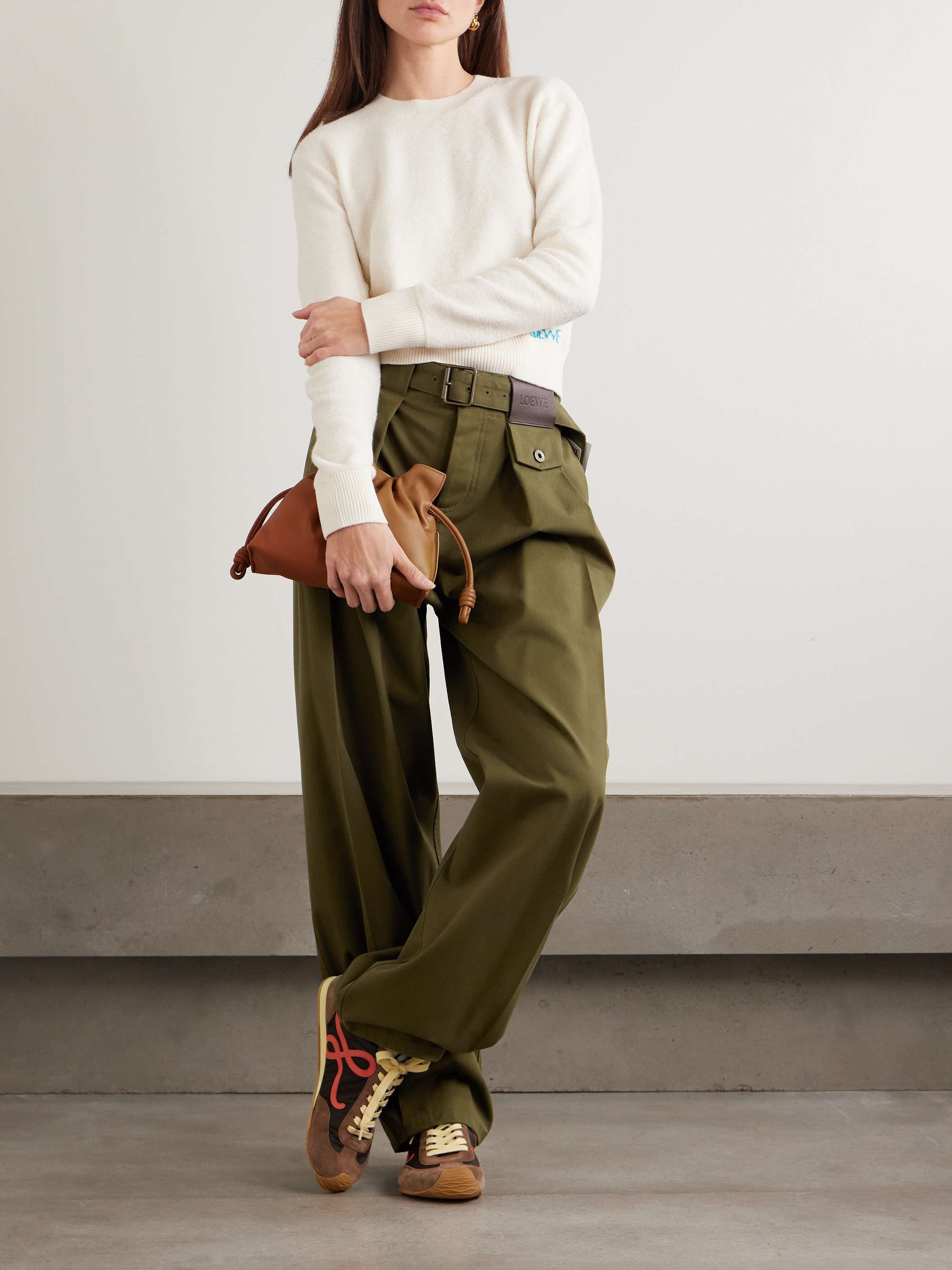 LOEWE Belted leather-trimmed pleated cotton and silk-blend pants