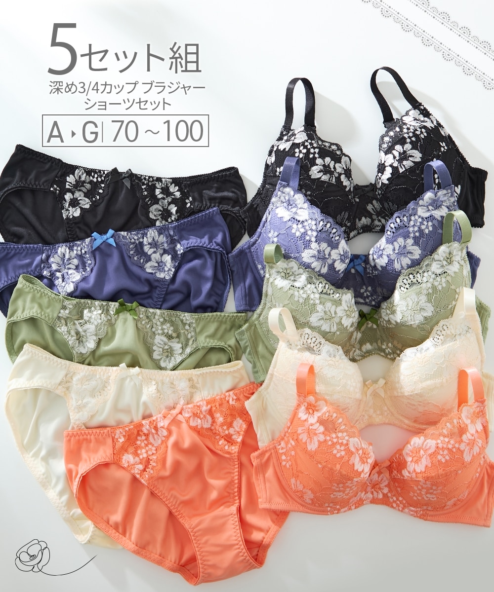 安定感のある深め3/4カップ編レースブラジャーショーツ5セット組