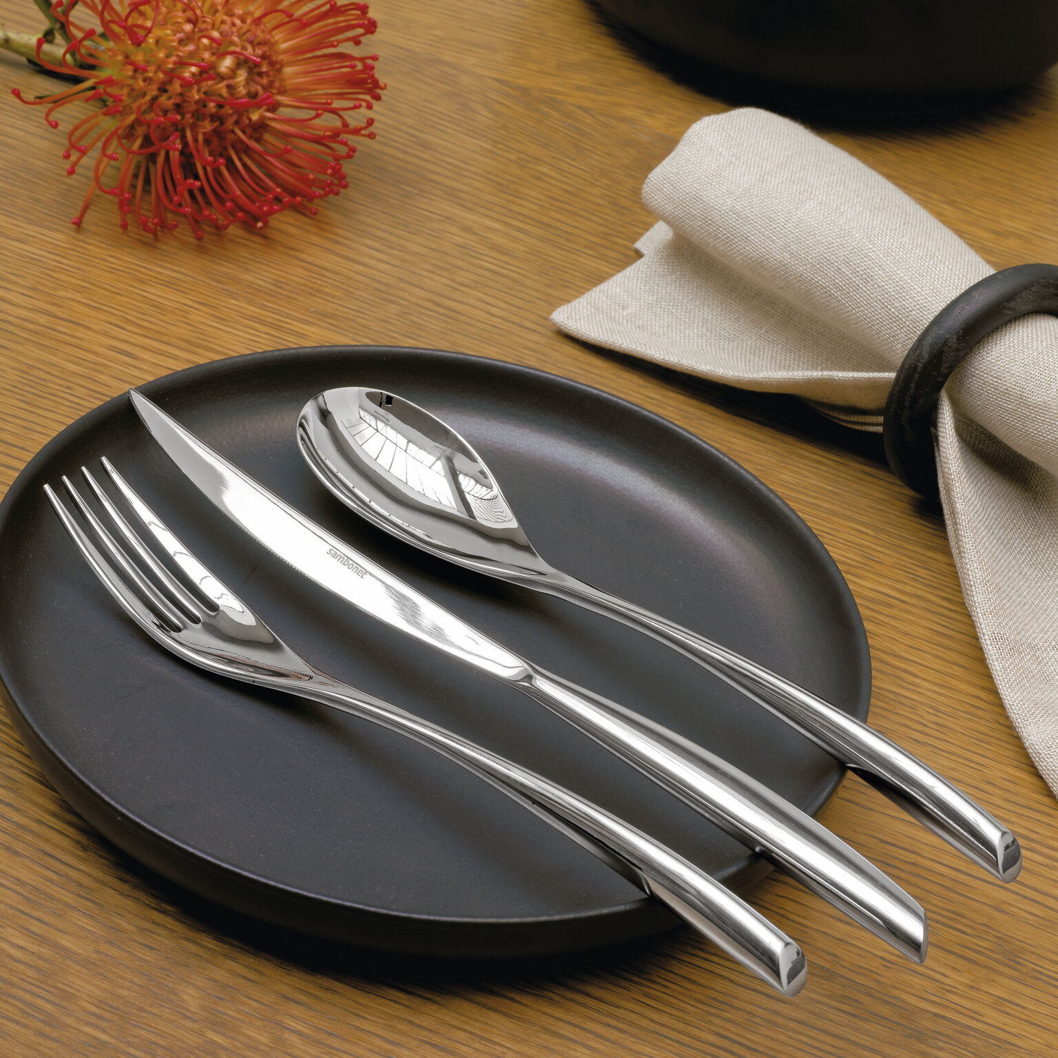 Flatware place setting, 5 pieces , Mirror Steel, Bamboo, Sambonet