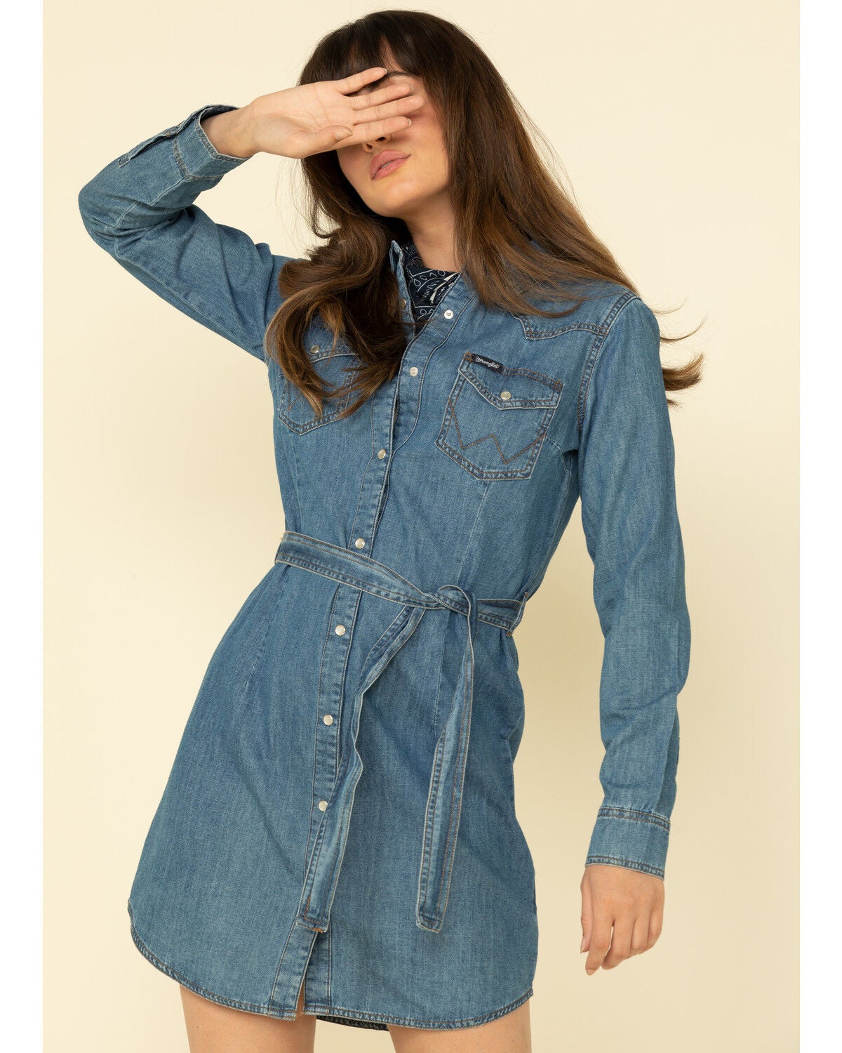 Wrangler Women's Medium Wash Denim Western Shirt Mini Dress | Sheplers