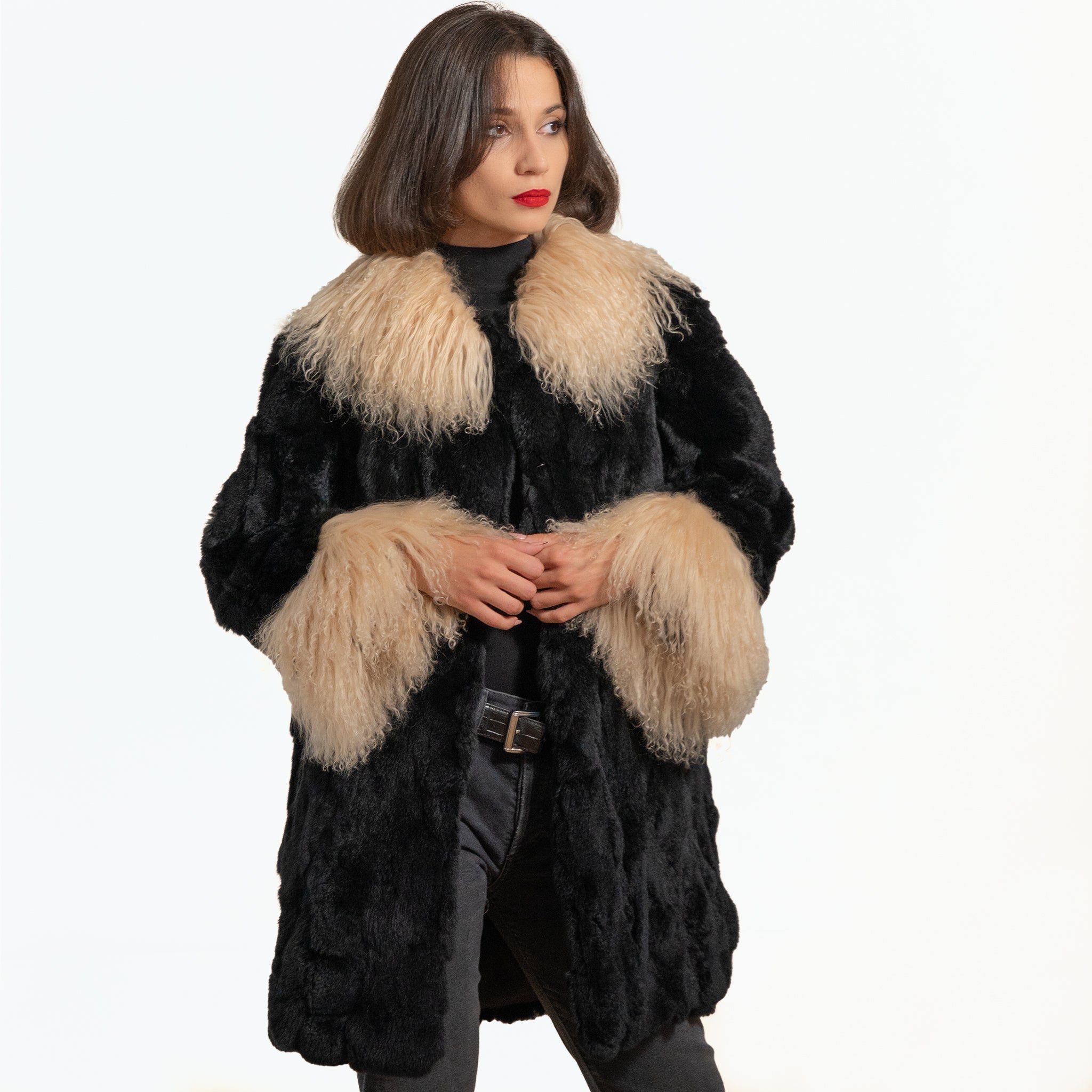 Black Rabbit Fur Coat With Mongolian Lamb | Sherrill & Bros