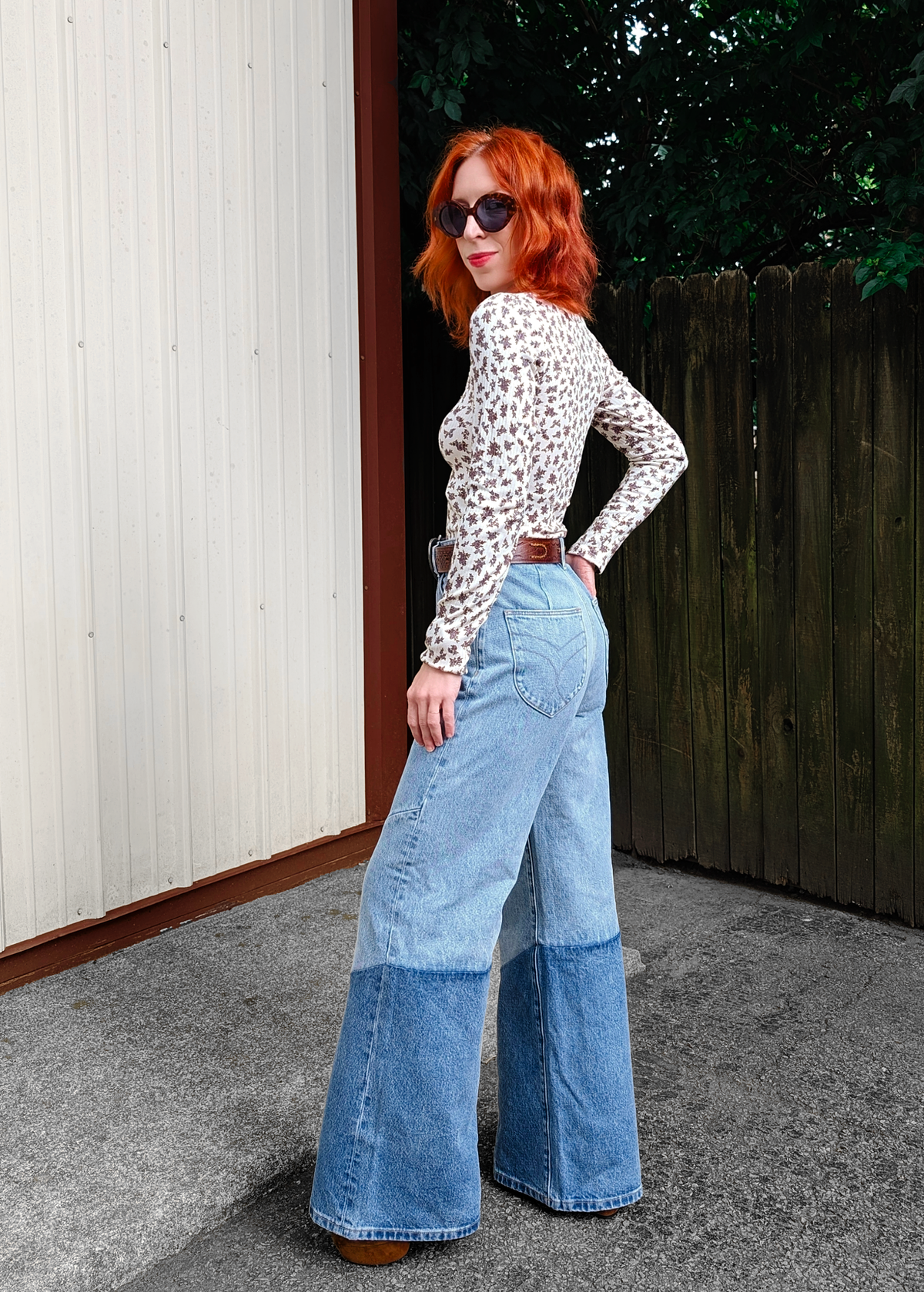 70s Inspired Light Blue Denim Patchwork Chevron Studio Wide Leg