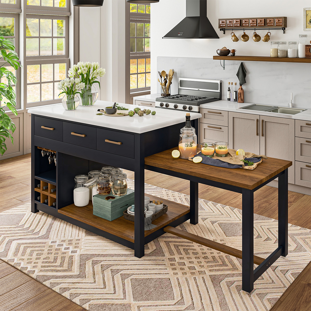 Seldovia Solid Wood Extendable Modern Kitchen Island with Marble Top