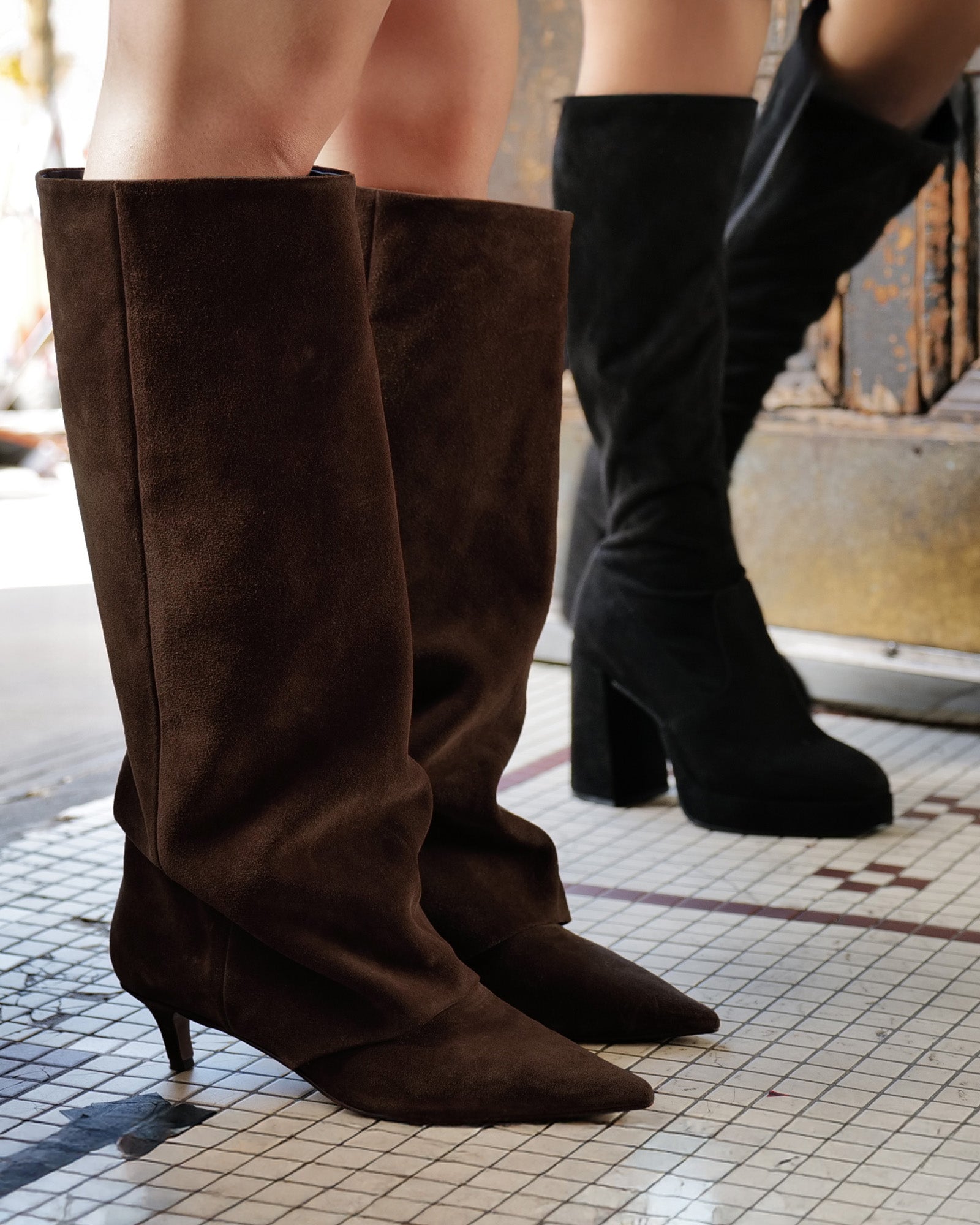 LUCA Brown Suede Cuffed Knee-High Boots | Women's Designer Boots