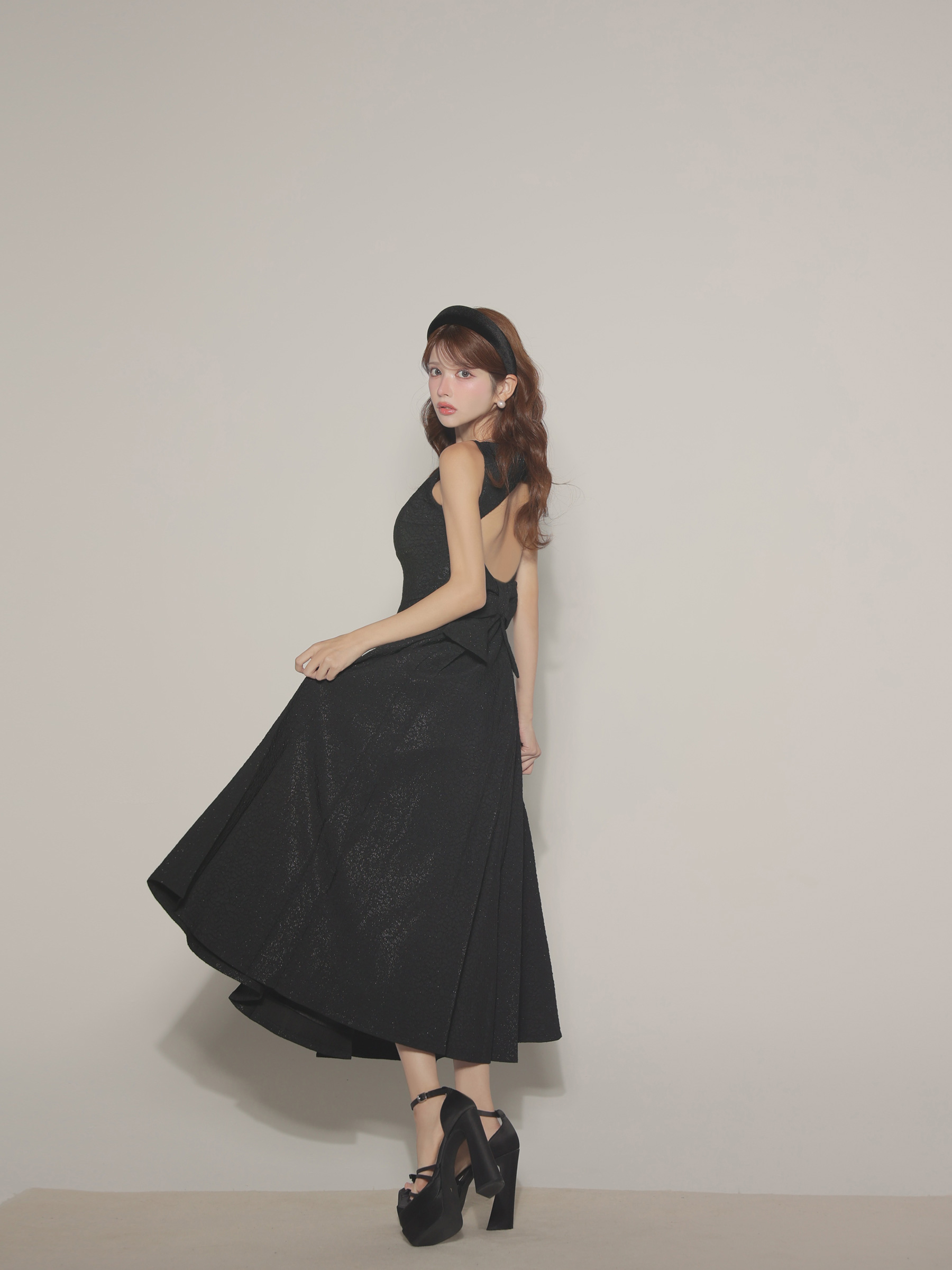 Lサイズあり【DEA./ディア】charmer jacquard back ribbon long dress