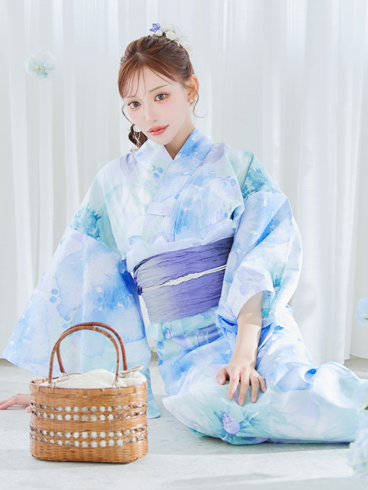 即日発送】ブルーミントの水彩浴衣【浴衣3点セット 浴衣/帯/下駄