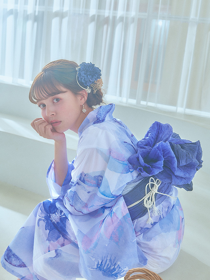 即日発送】水彩フラワーブルー浴衣【浴衣3点セット 浴衣/帯/下駄