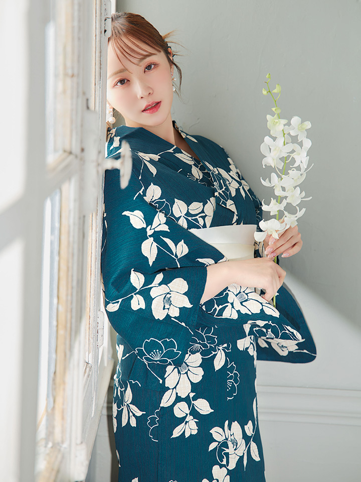 即日発送】藍色椿桜柄浴衣【浴衣3点セット 浴衣/帯/下駄】[OF04