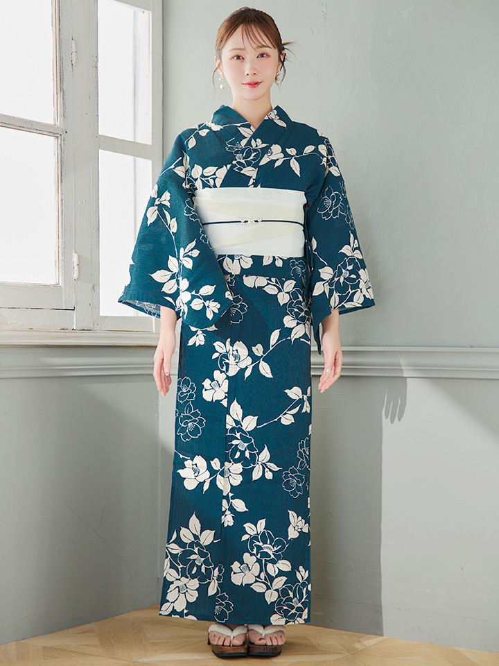 即日発送】藍色椿桜柄浴衣【浴衣3点セット 浴衣/帯/下駄】[OF04